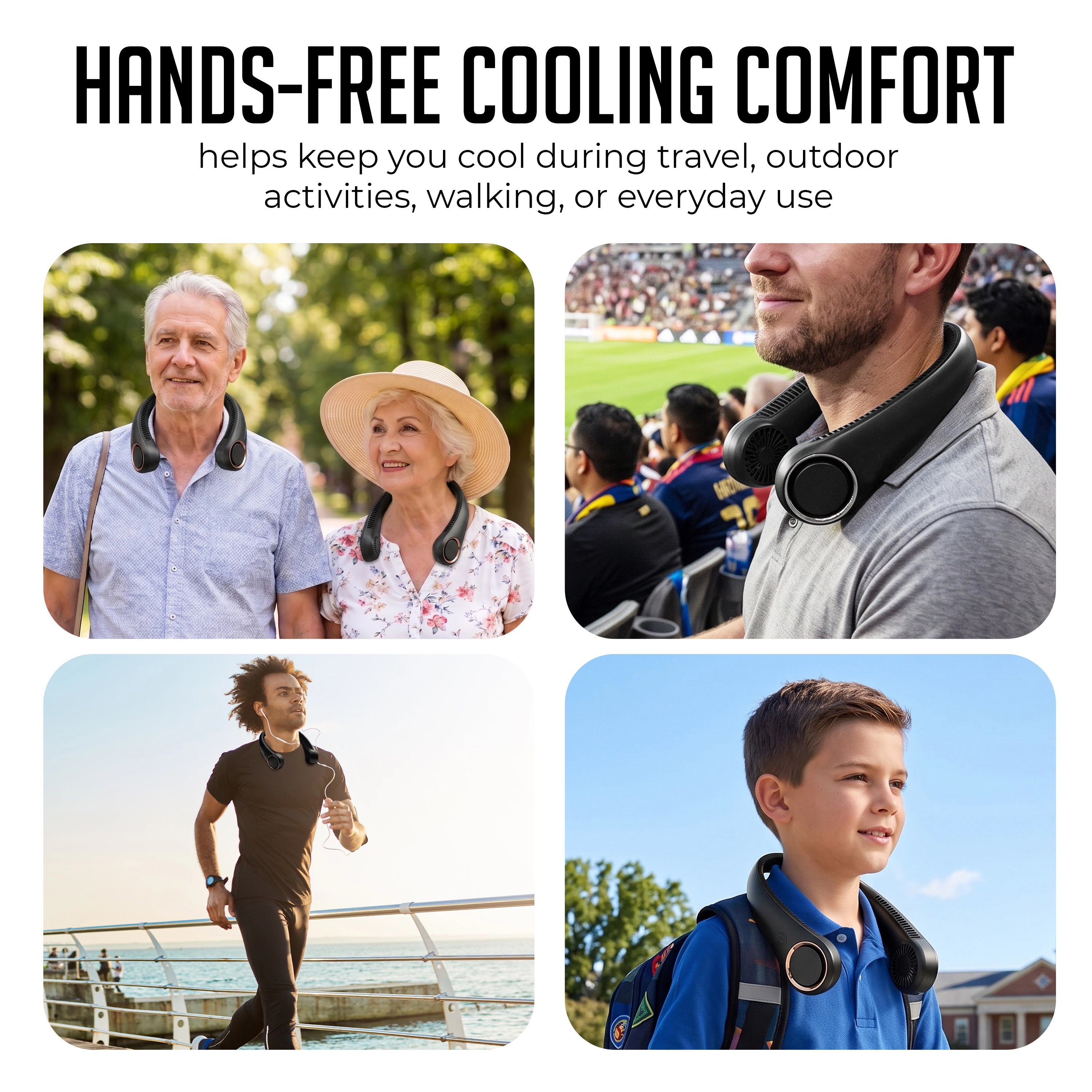 Luminuxe Portable Neck Fan, Rechargeable Hands-Free Wearable Fan w/ 3-Speed Adjustable Cooling, Lightweight Outdoor Fan