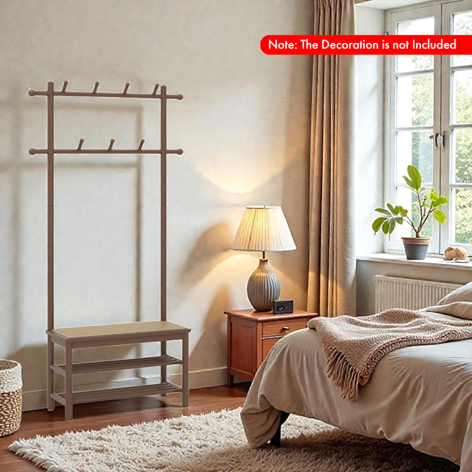Hivvago Bamboo Hallway Organizer with Rattan-Style Bench, Coat Hooks & Shoe Shelves