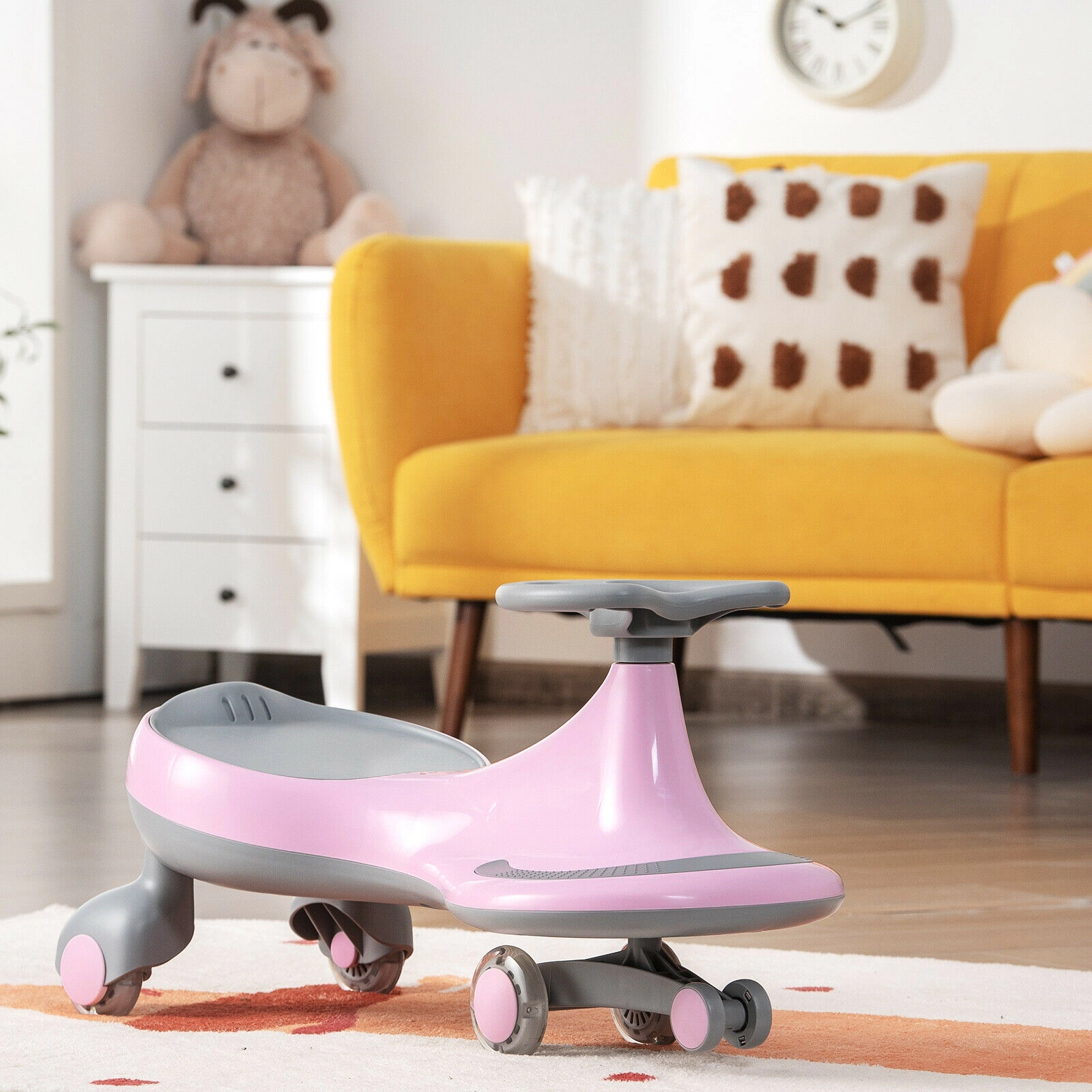 Wiggle Car Kids PU Flashing Wheels Seamless Body 27-in Twist Ride On No Pedals Ages 2+ 110-lb Capacity Pink