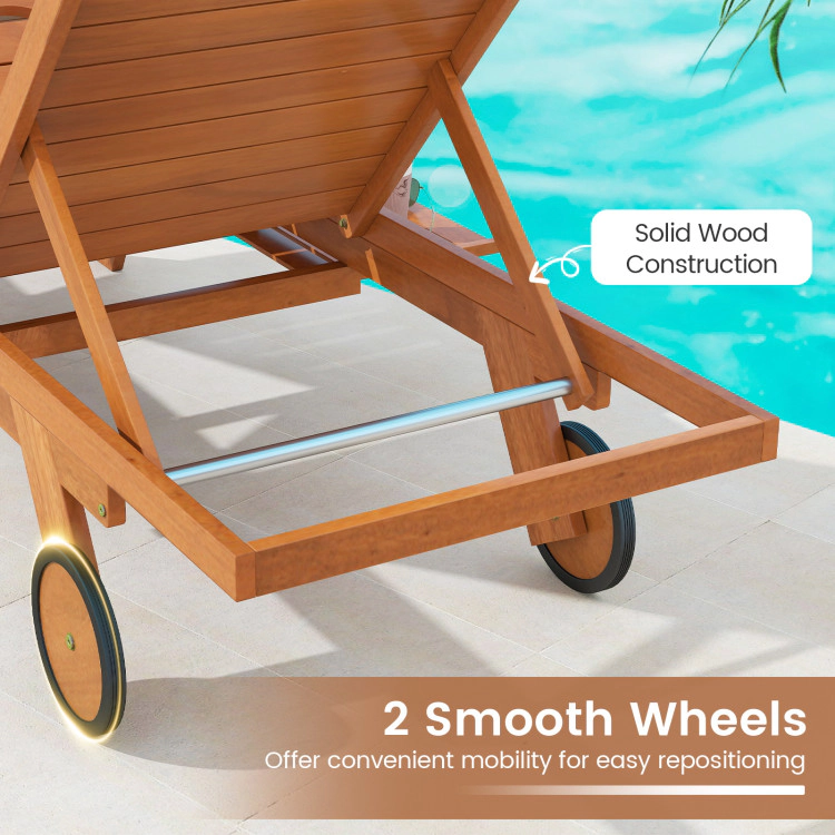 Hivvago Outdoor Chaise Lounge Chair With Wheels 4-Position Patio Wood Recliner With Adjustable Backrest