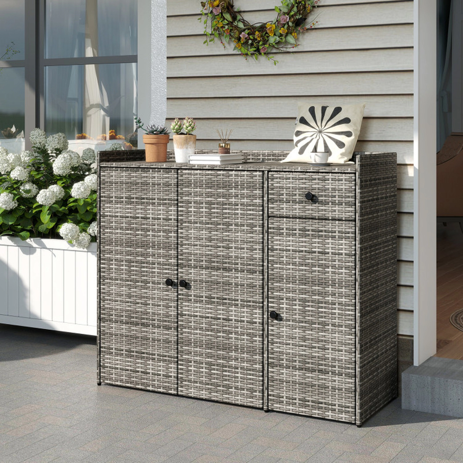 SUGIFT 3-Door PE Wicker Adjustable Shelves Outdoor Deck Storage Cabinet 48-in x 17-in x 40-in 110-lb Countertop Gray