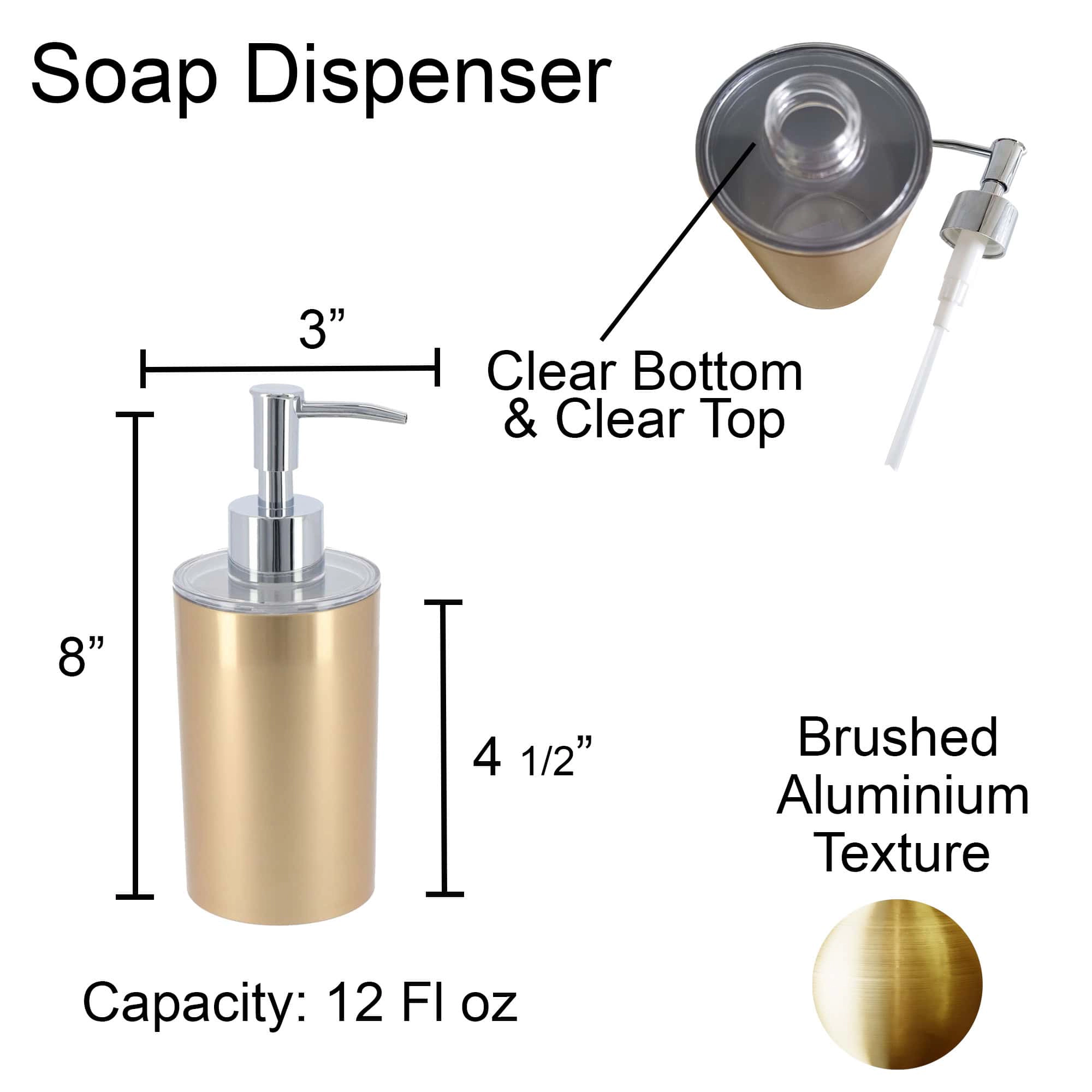 Evideco French Home Goods Brushed Metallic Plastic Soap Dispenser - 12 Oz Cylinder