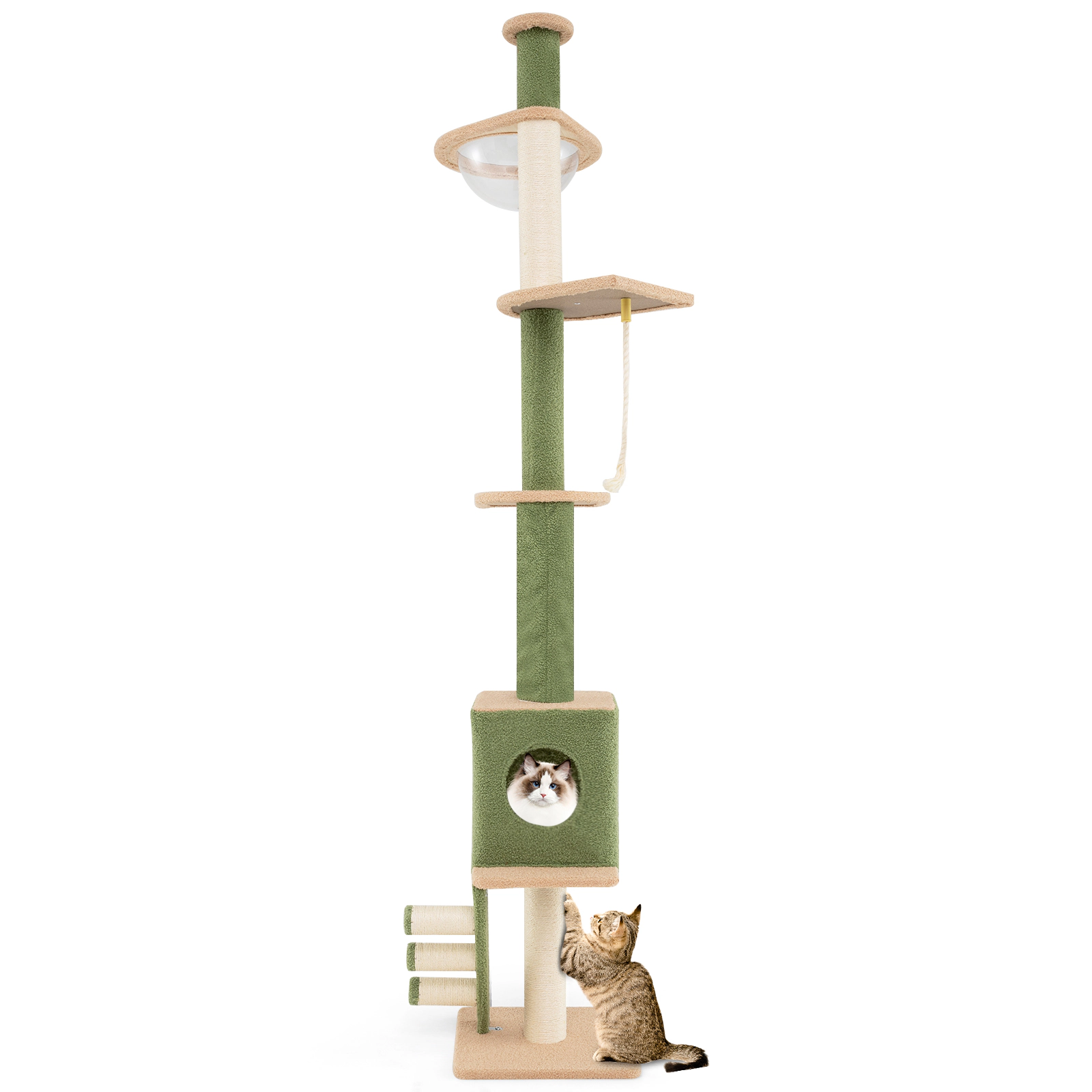 SUGIFT Floor to Ceiling Cat Tree Green Adjustable 86-99.5 in with Space Capsule and Condo