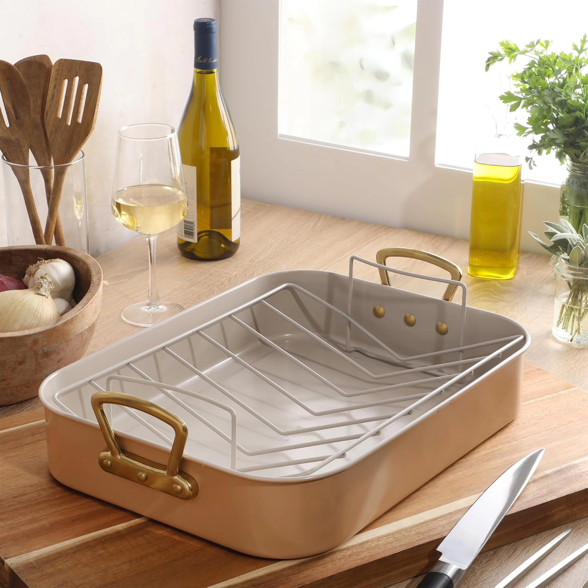 Gibson Home Broxton 2 Piece Nonstick Steel Roaster Pan Apricot with Rack