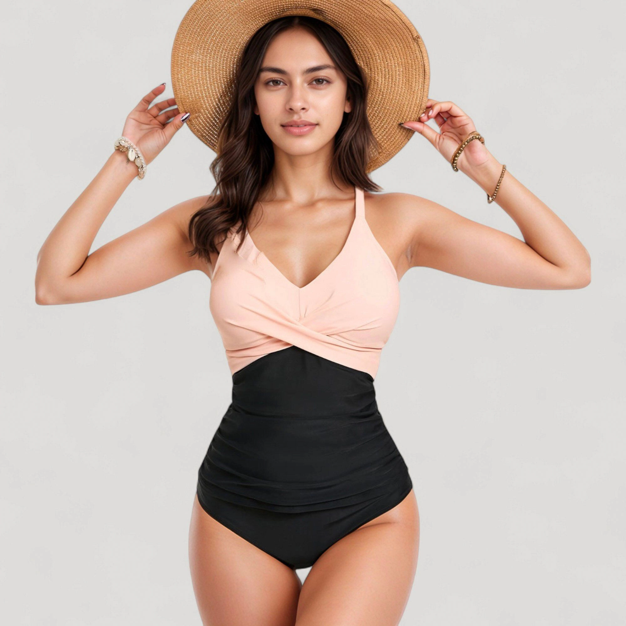 Anna-Kaci Women Twist Front One-Piece Swimsuit, Ruched Waist Panel and Adjustable Straps