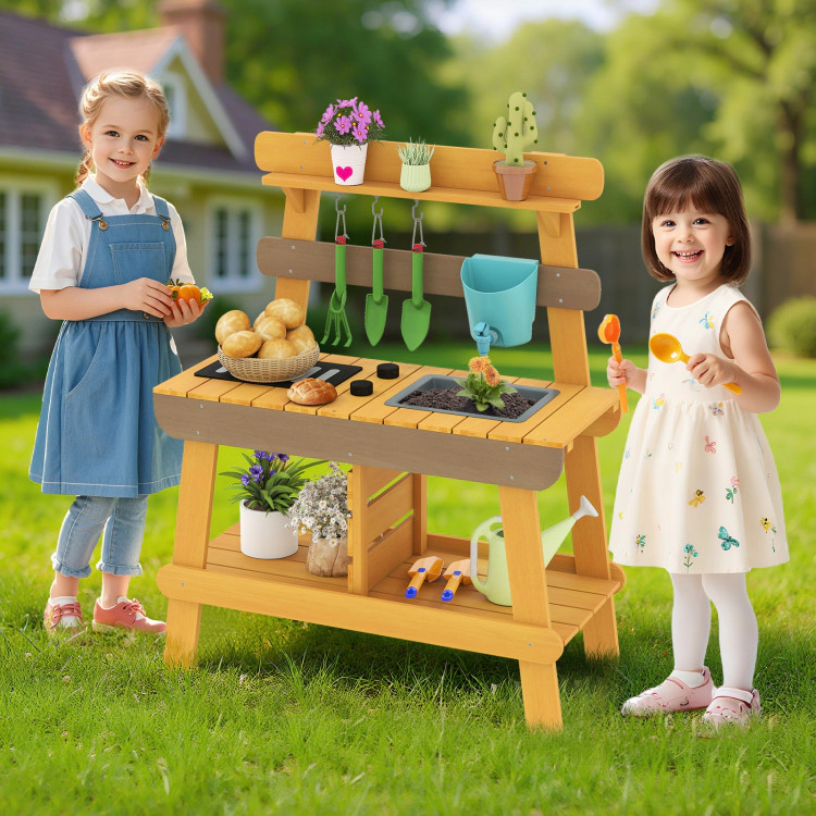Hivvago Outdoor Mud Kitchen for Kids Wooden Play Kitchen Toy for Boys Girls Aged 3-8-Yellow