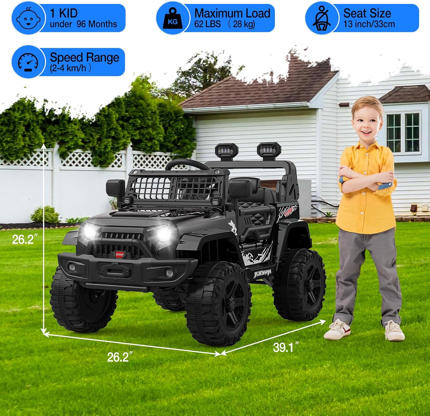 12V Kids Ride On Truck, Battery Powered Electric Car w/Remote, 3 Speeds, Spring Suspension, Headlights & Music for 3-8