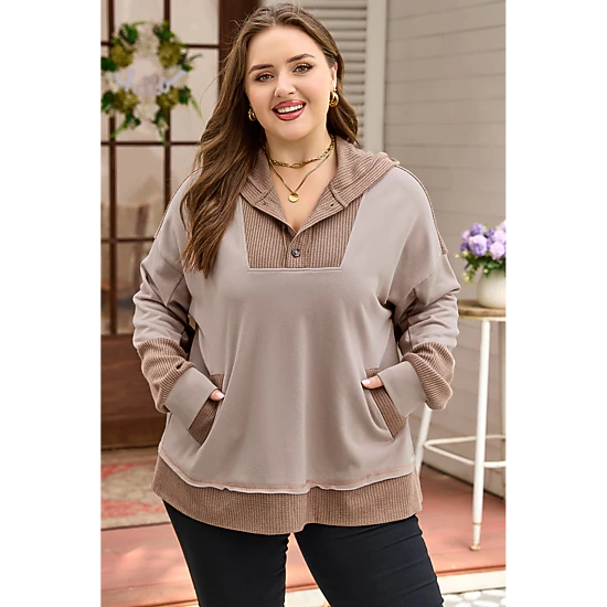 Threaded Pear Women's Goat Waffle Contrast Patchwork Plus Size Pocketed Hoodie