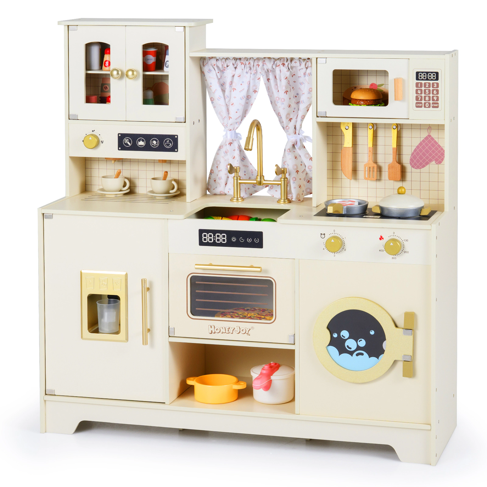 LJG Kids Wooden Toy Kitchen Playset with 14 Accessories for Aged 3+ Years