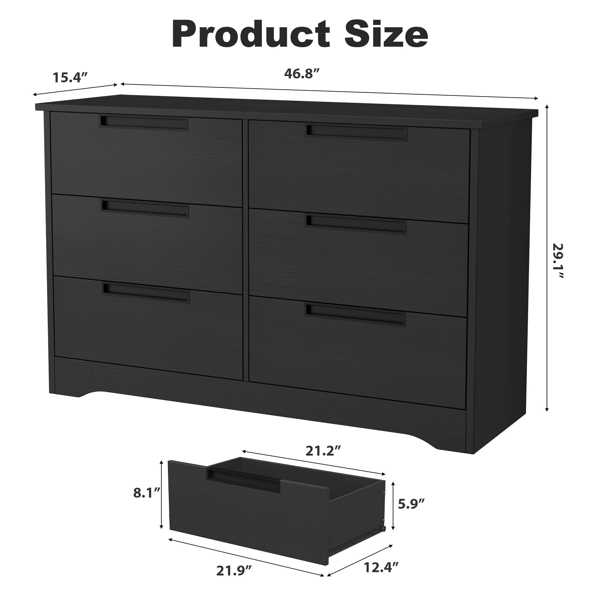 Modern Black 6 Drawer Dresser with Embedded Handles, Wooden Storage Organizer for Bedroom