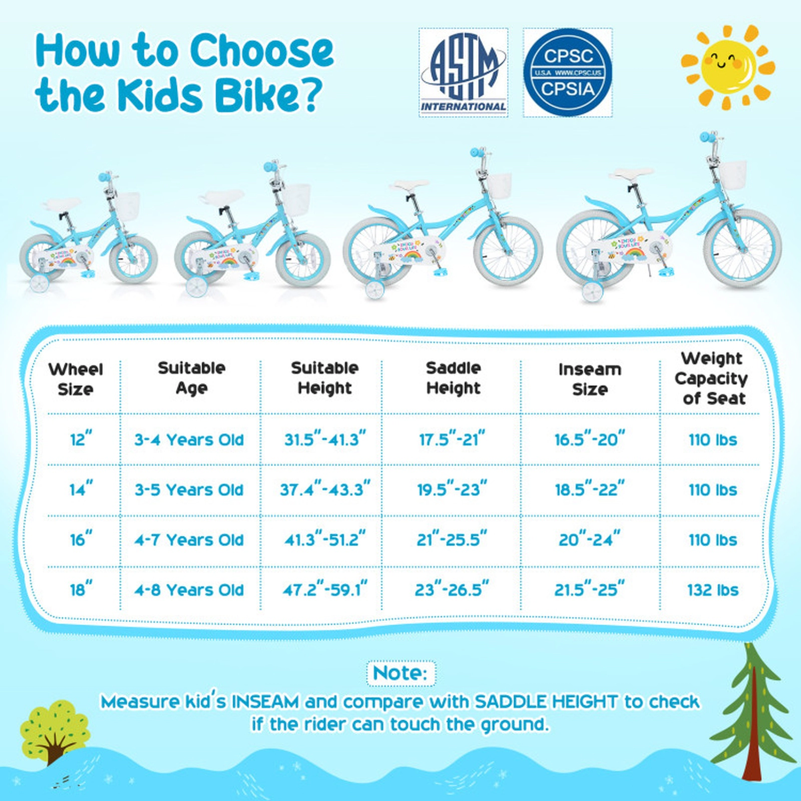 SUGIFT Adjustable 14-In Girls Bike with Training Wheels, Basket and Bell 110-lb Seat Capacity Ages 3-5 Blue