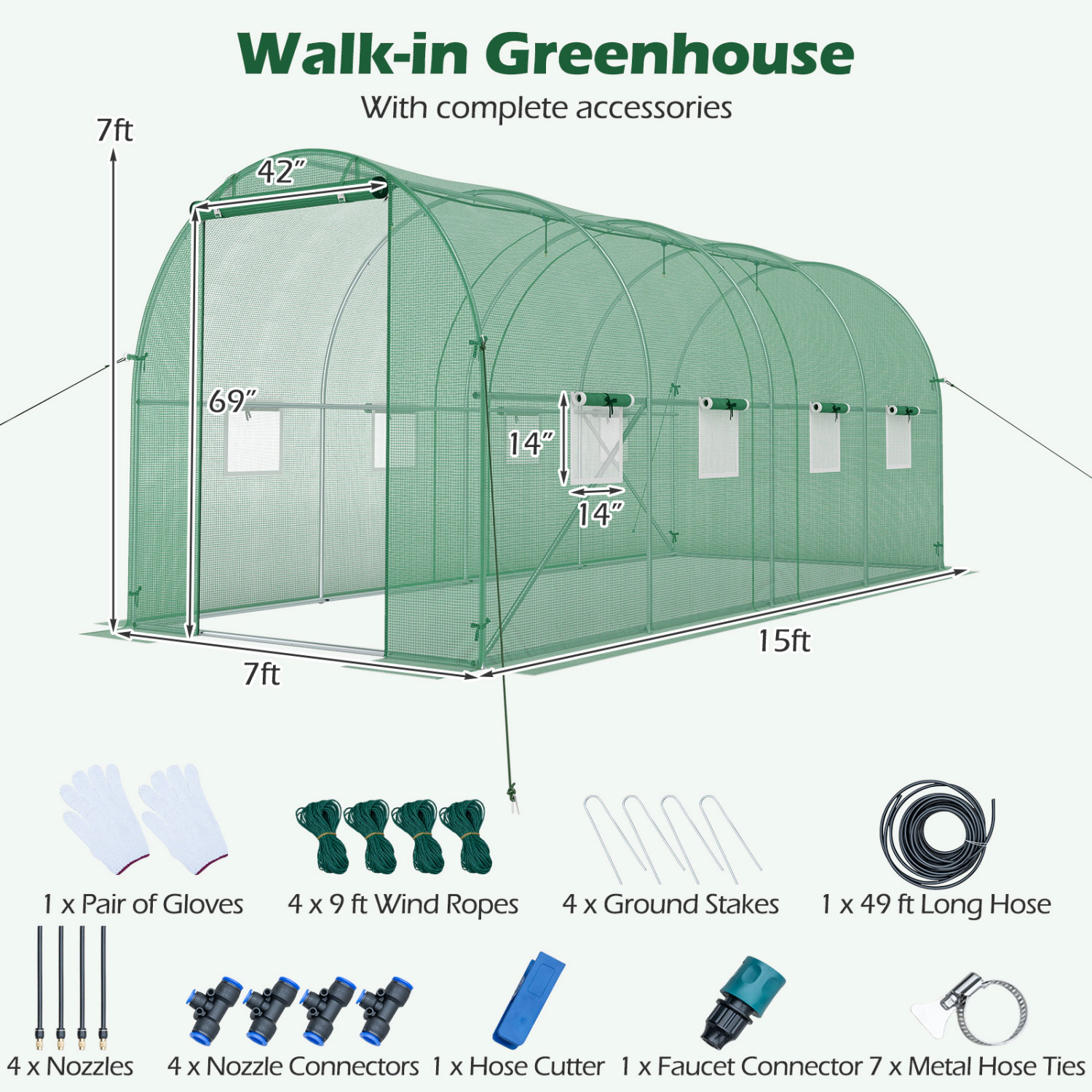 LJG 15 x 7 ft Walk-in Tunnel Greenhouse with Watering System