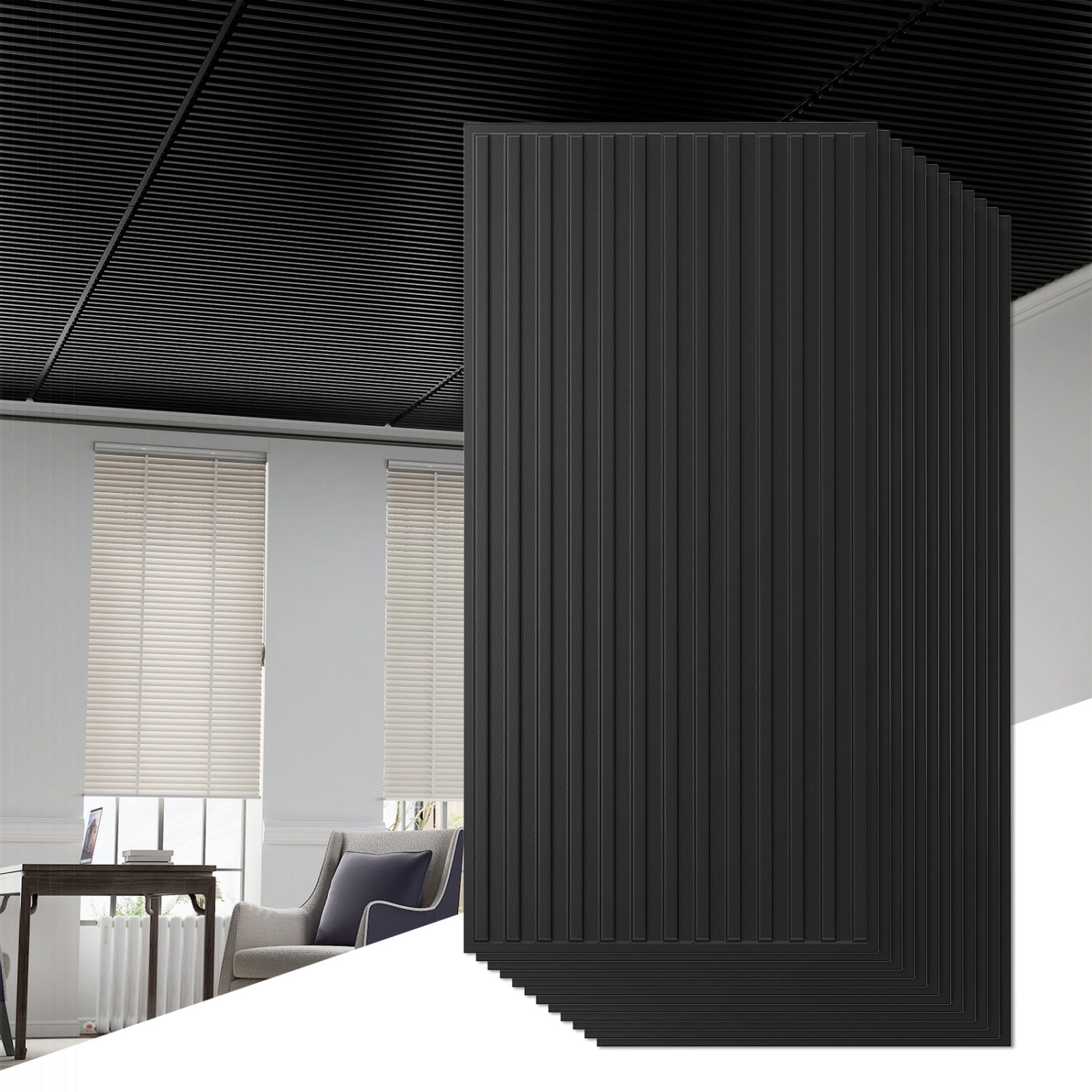 SUGIFT 12-Pack Waterproof PVC Fluted Slat Wall Panels 48-in x 24-in x 0.37-in 96 sq ft Coverage 20-lb Black