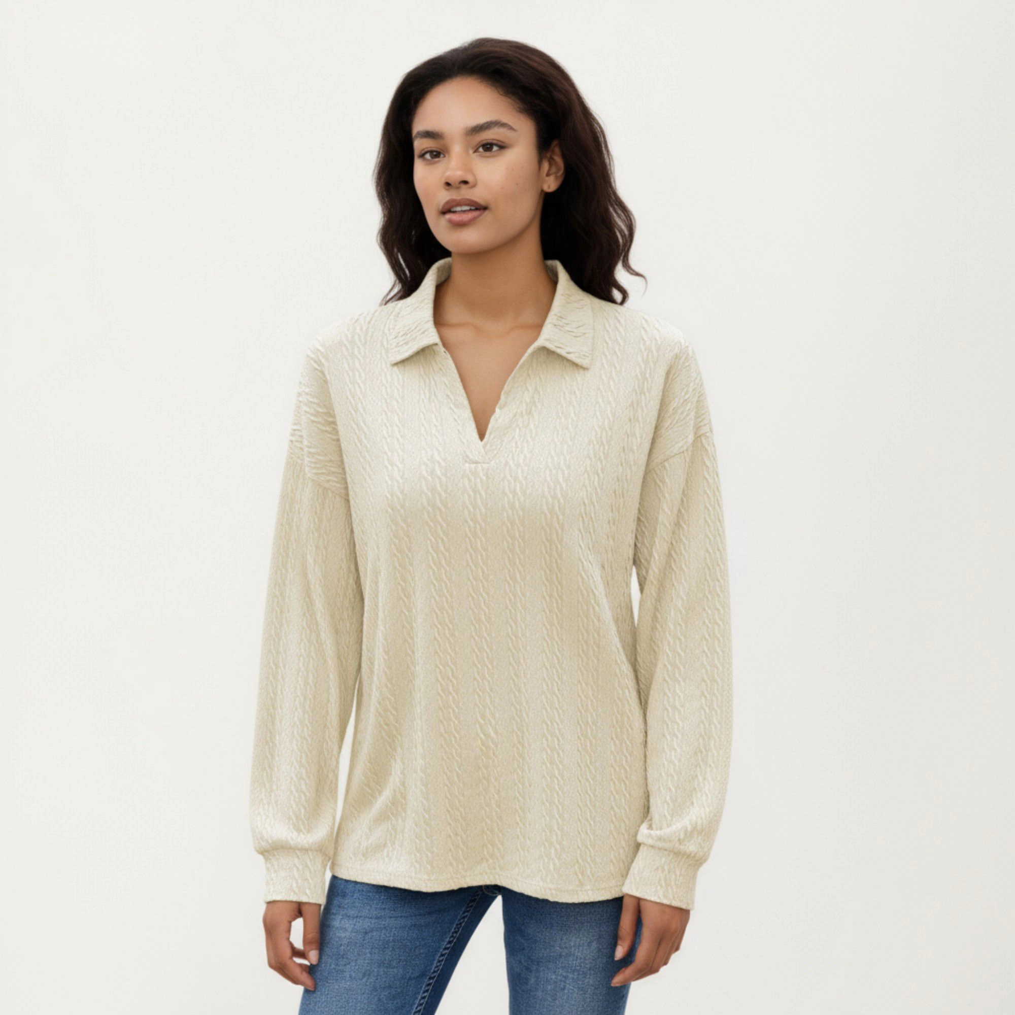 Anna-Kaci Women's Subtle Textured Pattern Collared Relaxed Fit Long Sleeve Knit Top