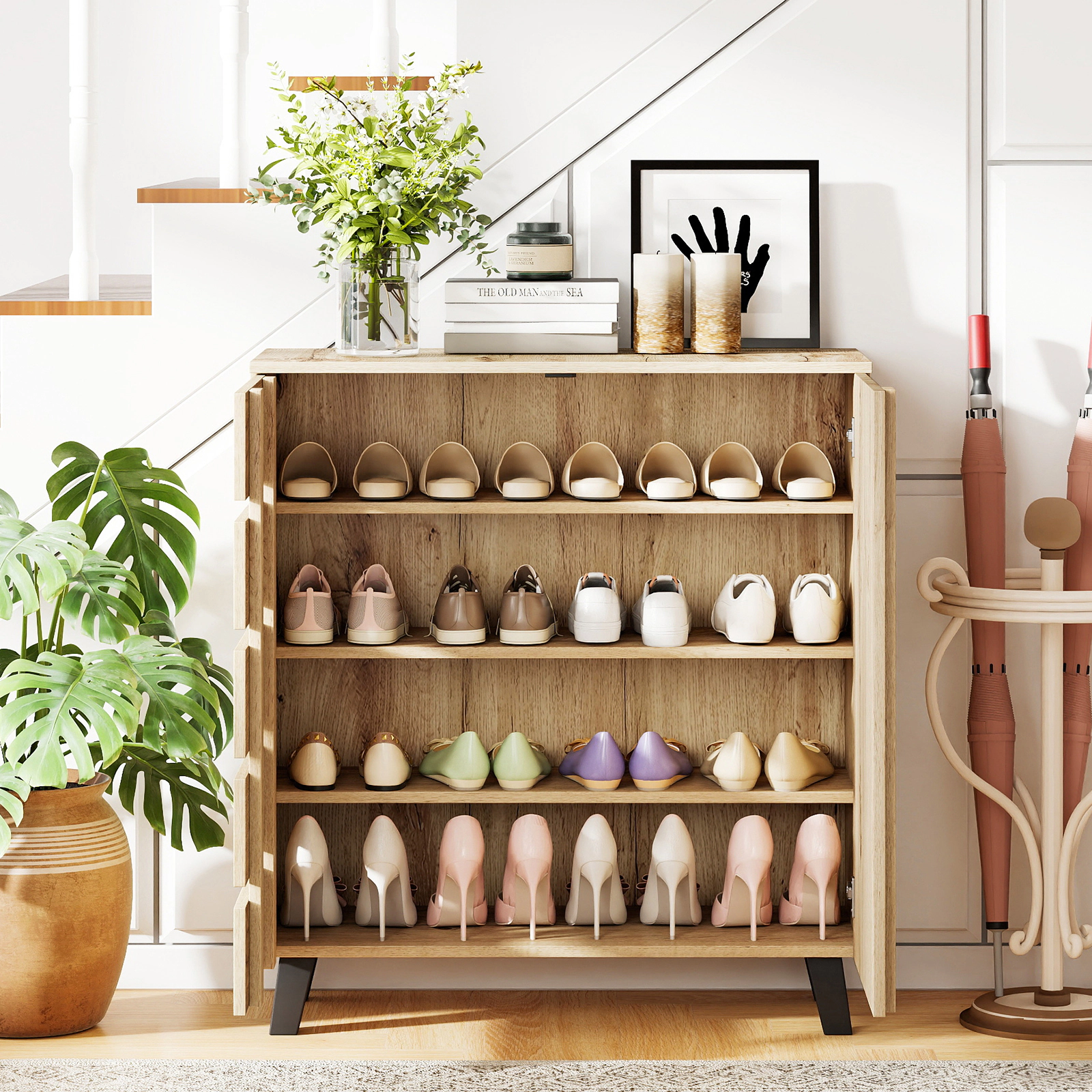 SUGIFT 4-Tier Shoe Cabinet Natural 2-Door Storage Organizer with Louvered Door