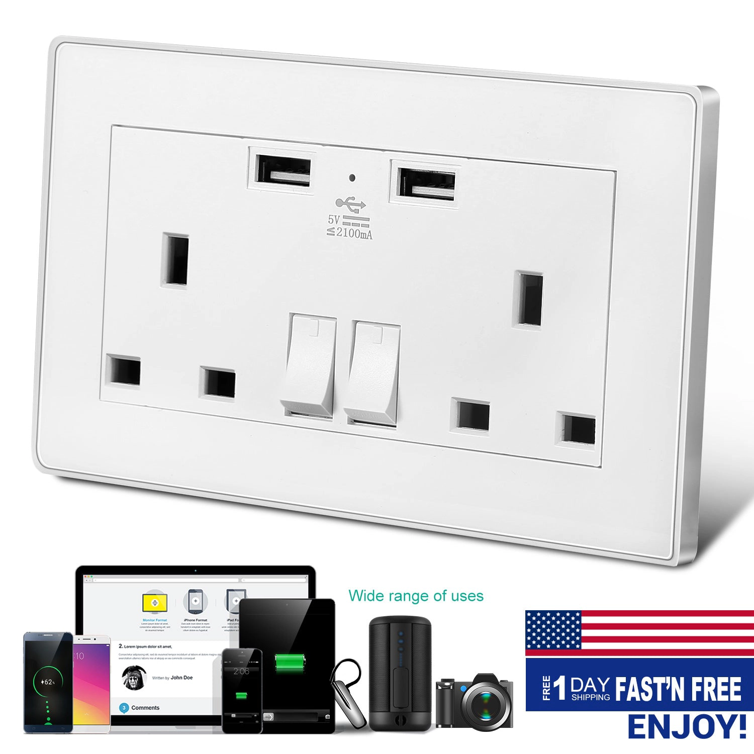 GBruno Dual USB UK Wall Outlet With Switch