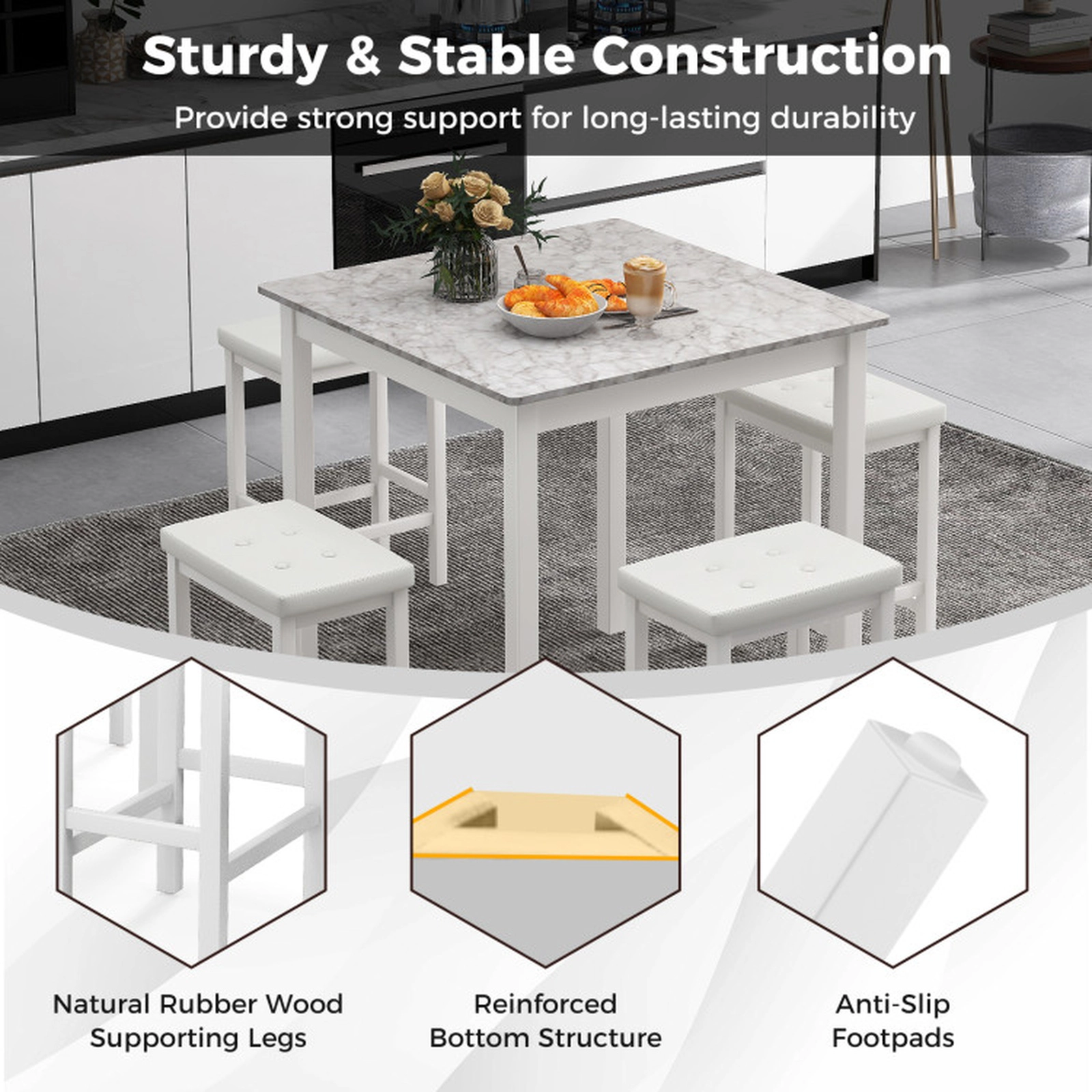 SUGIFT 5-Piece White Counter Height Table Set with 4 Padded Stools