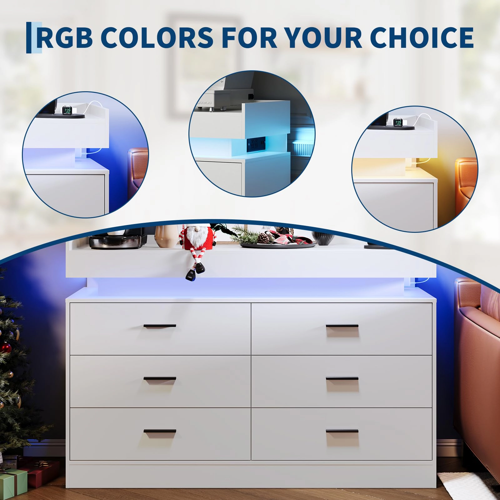 Modern TV Stand Dresser with LED Lights & Charging Station, Floating Top Sideboard Cabinet 6 Drawers