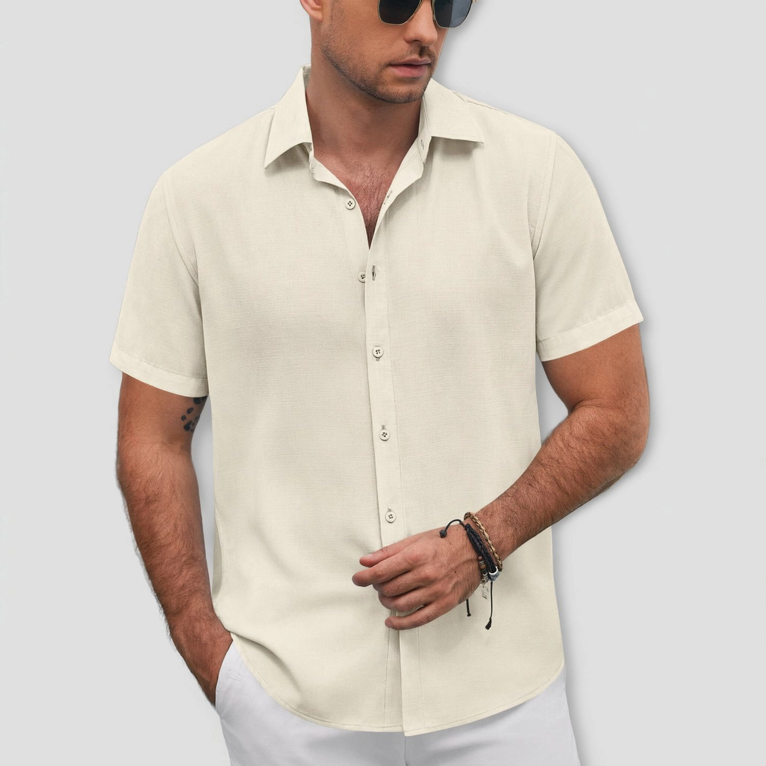 COOFANDY Mens Short Sleeve Button Down Shirts  Lapel Collar Solid Casual Tops