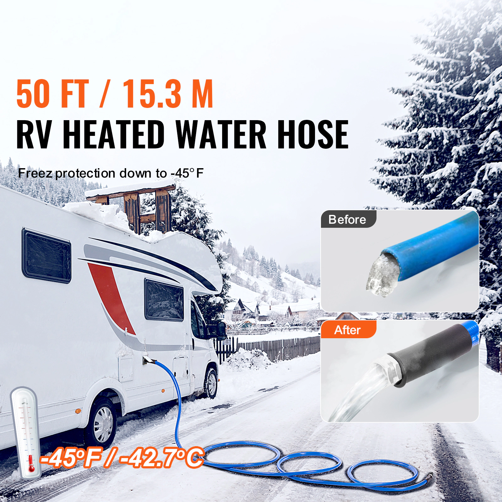 HONGGE 50ft Heated RV Water Hose, Self-Regulating, Freeze-Proof to -45°F, 5/8" ID, 3/4" GHT Adapter, Lead & BPA Free
