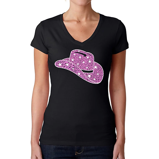 LA Pop Art Womens Word Art V-Neck T-Shirt - Cowgirl Hat
