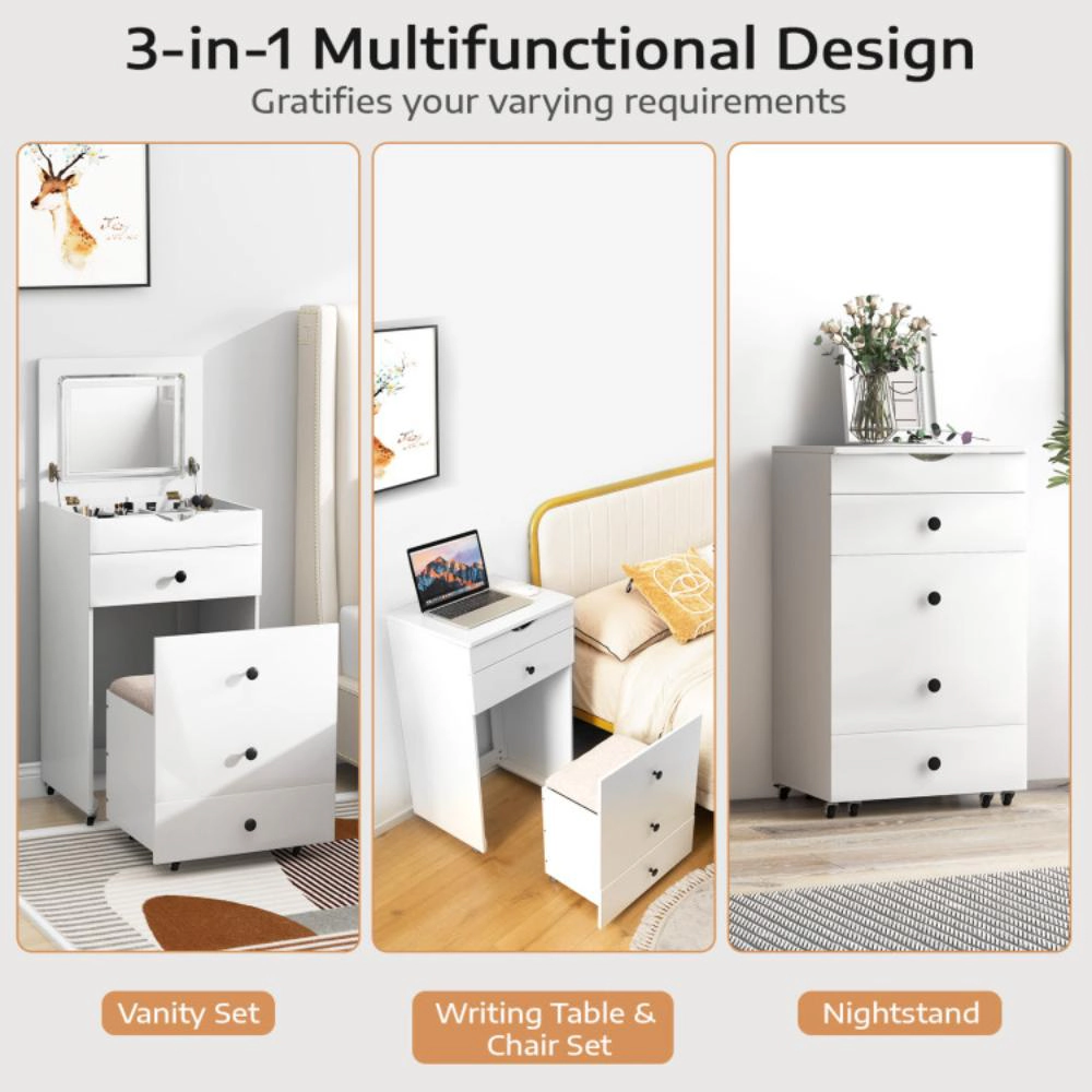 Hivvago 3-In-1 Vanity Set With Cushioned Stool And Flip-Up Mirror-White