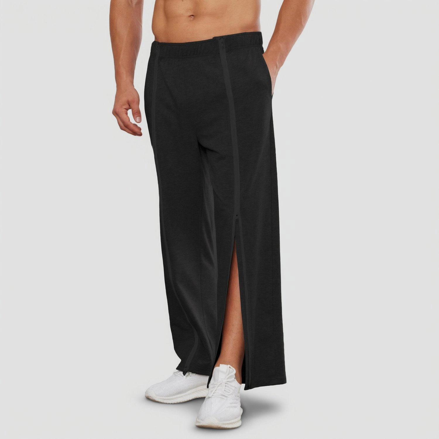 Pinspark Mens Solid Wide Leg Track Pants Elastic Waist Snap Side Slit Casual
