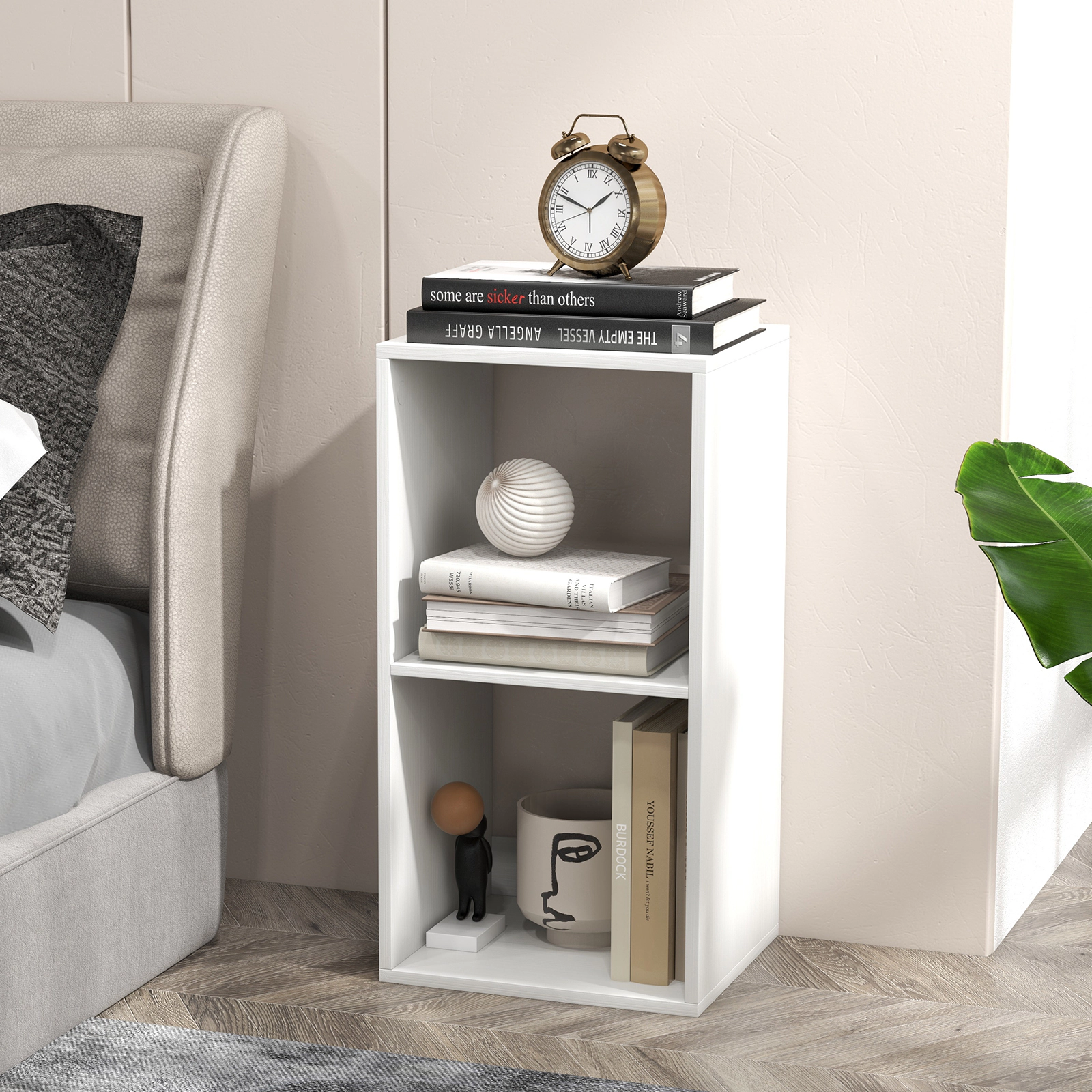 SUGIFT 2-Cube 110-lb Capacity White 27.5-in Small Bookshelf with Back Guardrail 2 Anti-Tipping Kits