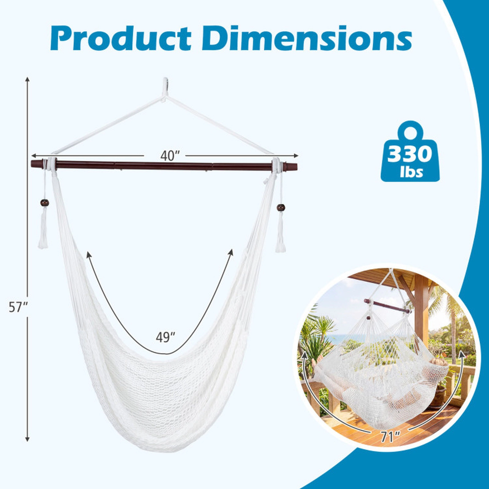 SUGIFT Beige Caribbean Rope Hammock Chair with Metal Spreader Bar