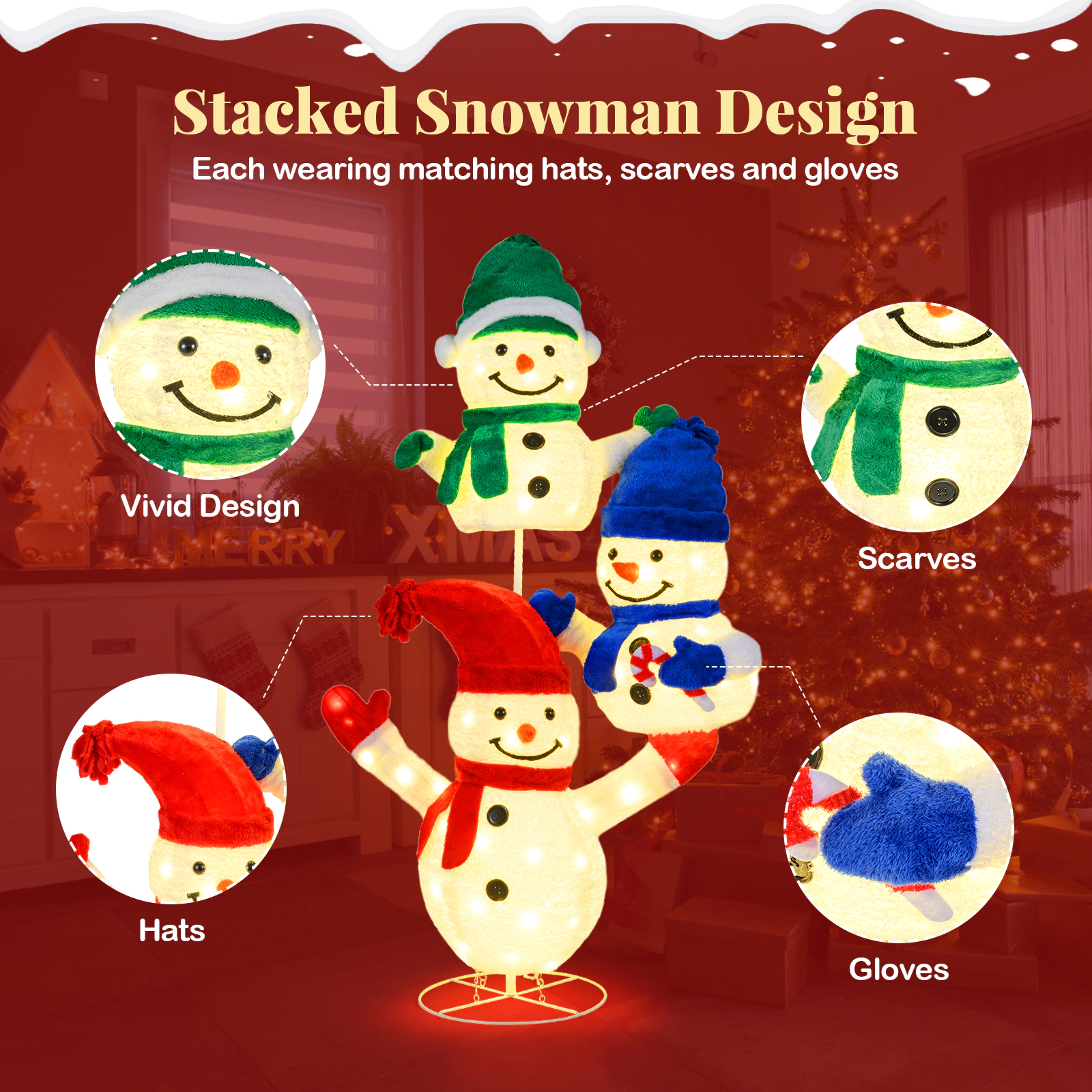 SUGIFT White 5-ft Stacked Snowman Lighted Christmas Decoration with 110 LED Lights Hats and Scarves
