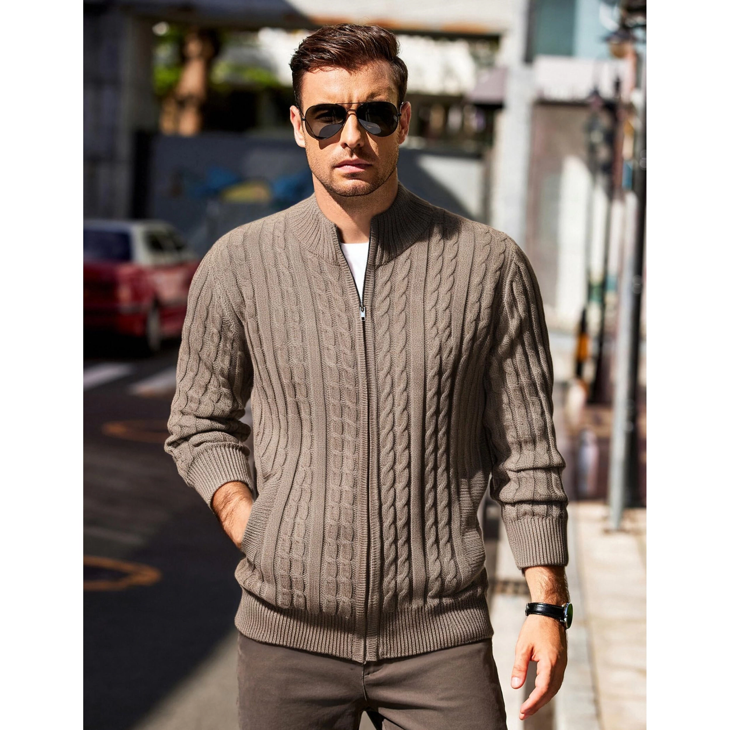 COOFANDY Men's Regular Fit Mock Neck Full Zip Cardigan Sweater