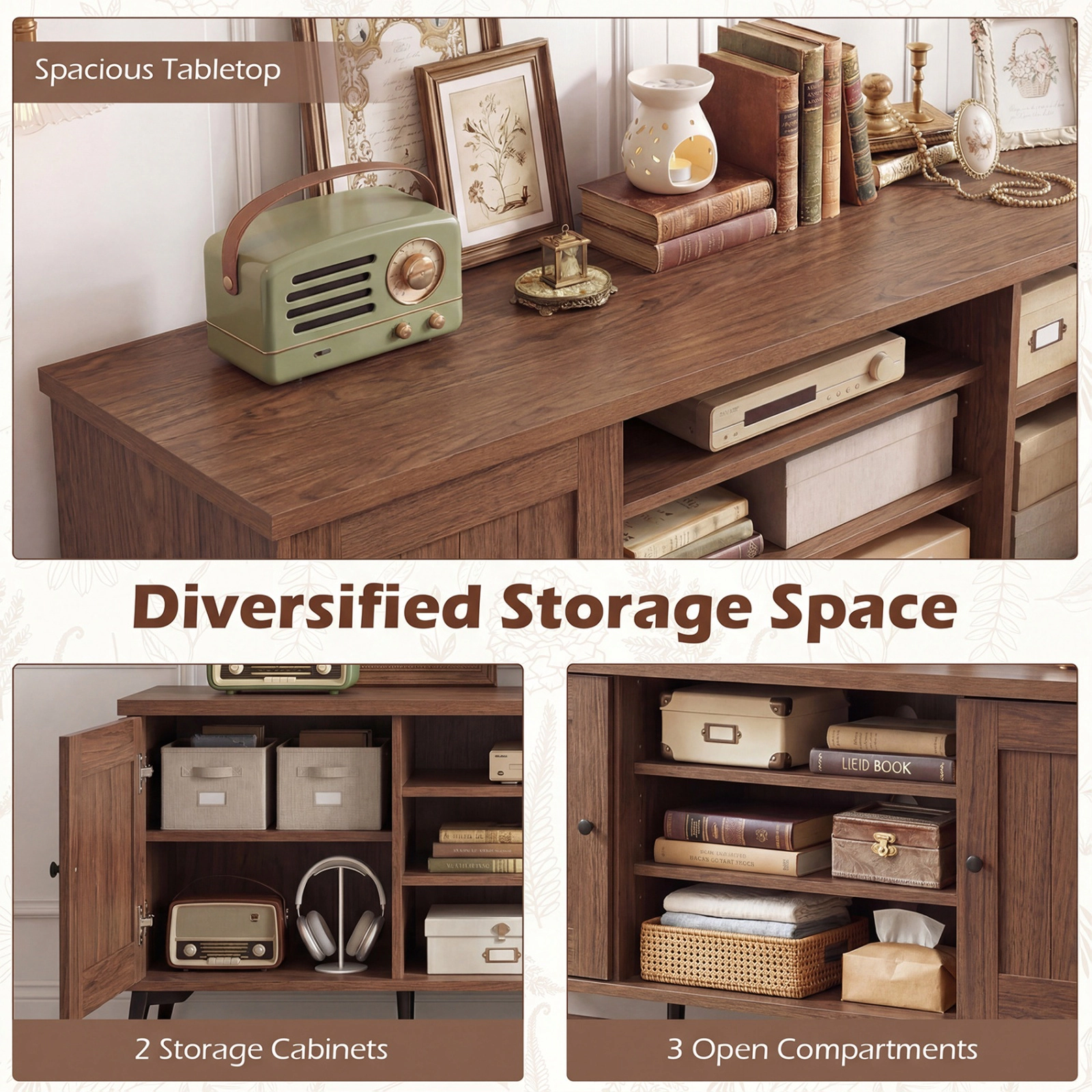 SUGIFT 59 in TV Stand Brown 2-Door Mid Century Entertainment Center with Adjustable Shelves