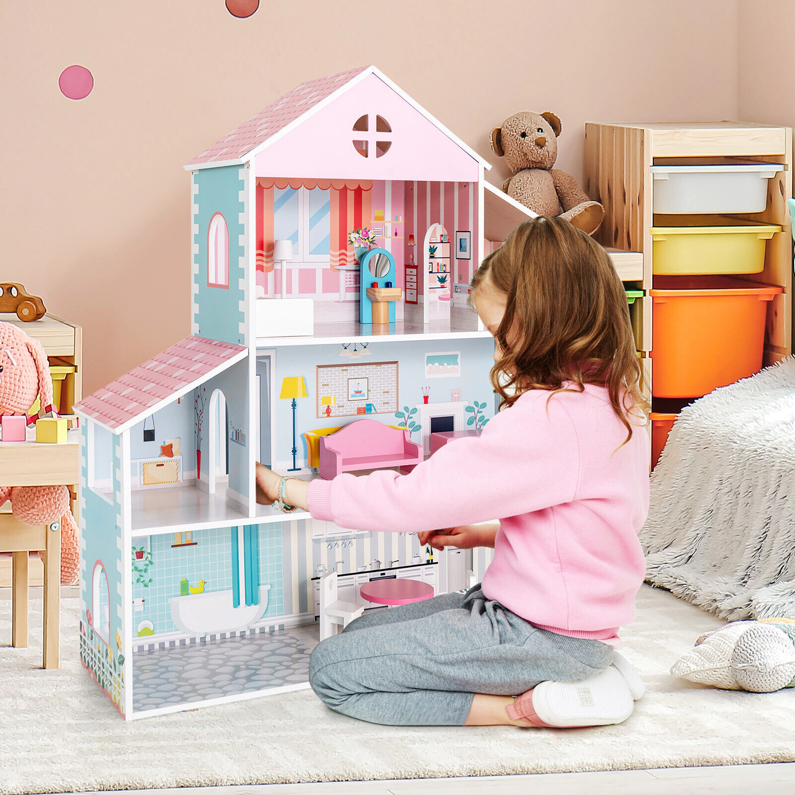 3-Tier Doll House with 8 Furniture Pieces 6 Rooms MDF Wooden Dollhouse 34.25-in Tall with Colorful Wallpaper