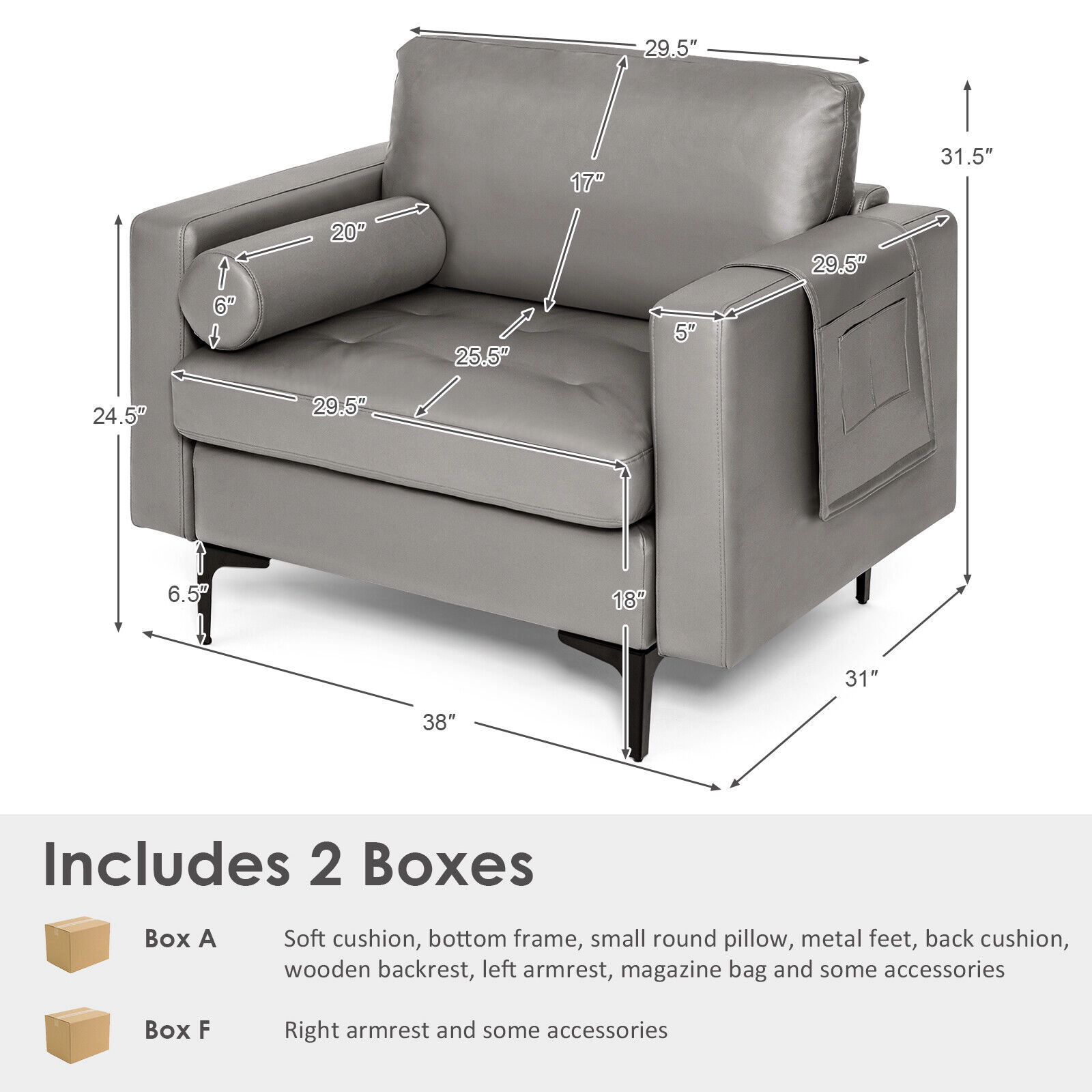 SUGIFT 660-lb Capacity 29.5-in Seat Oversized Accent Chair with Bolster Armrest Caddy and Storage Pocket