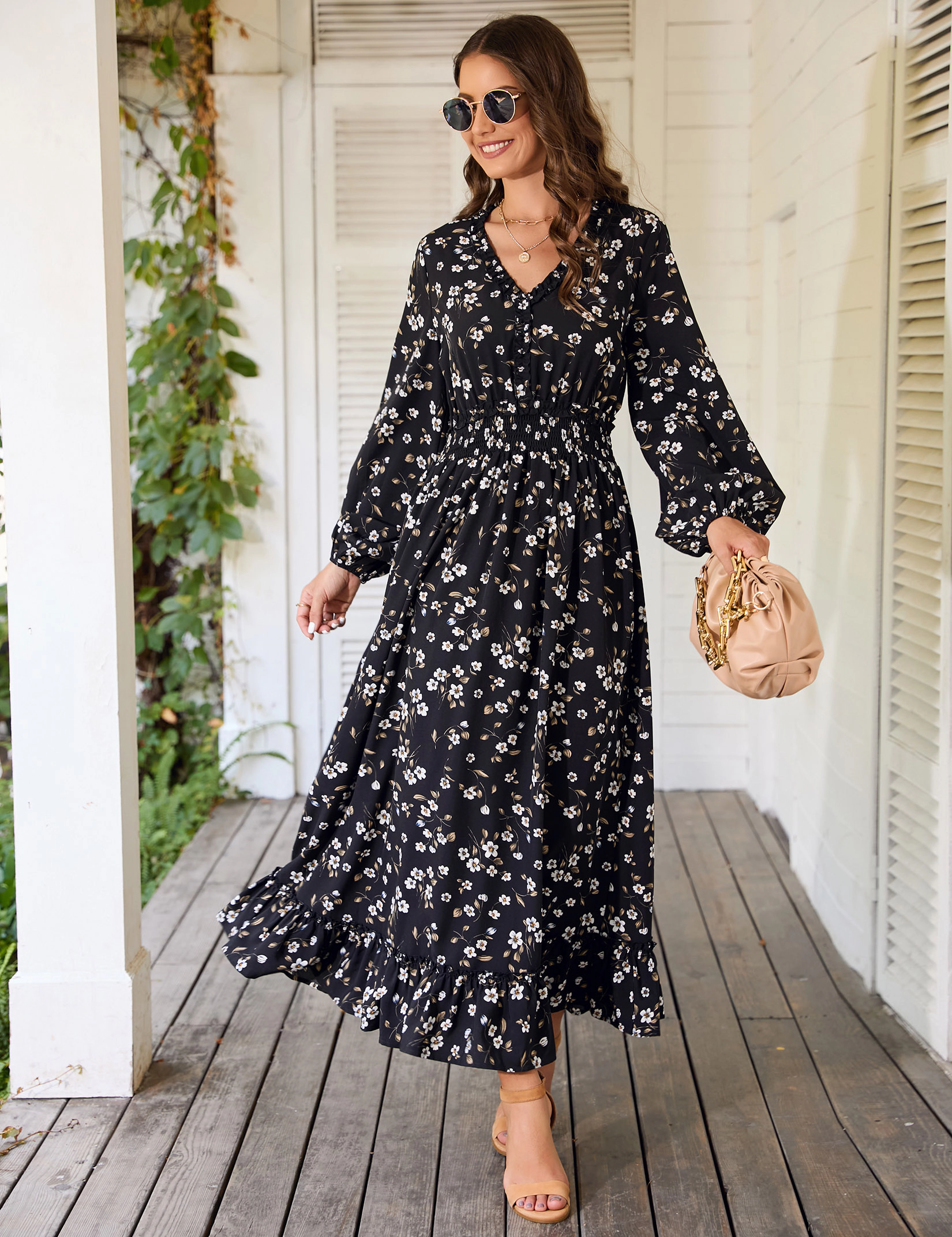 KOJOOIN Women's V Neck Floral Print Smocked Waist Maxi Dresses Flowy Dress