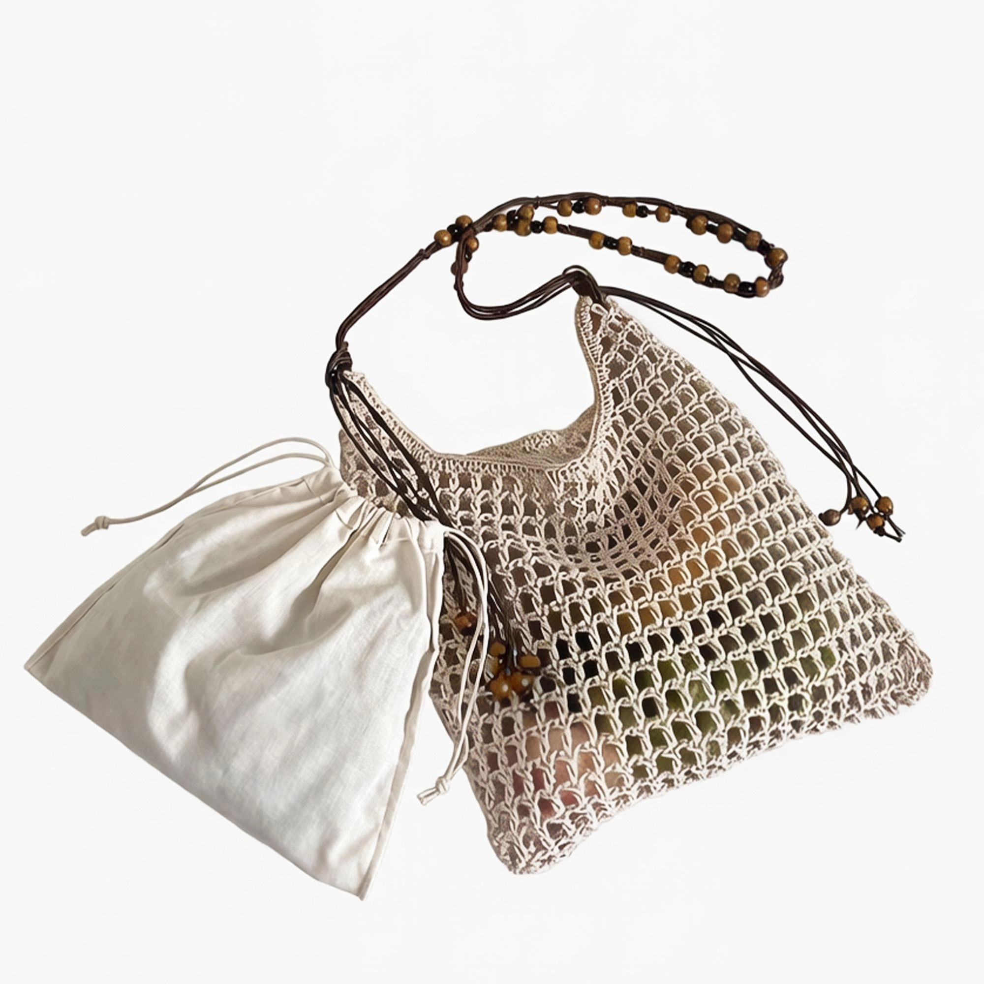 Alilang Women's Crochet Shoulder Bag with Beaded Strap Tassel Drawstring Detail Lightweight Knit Hobo Handbag