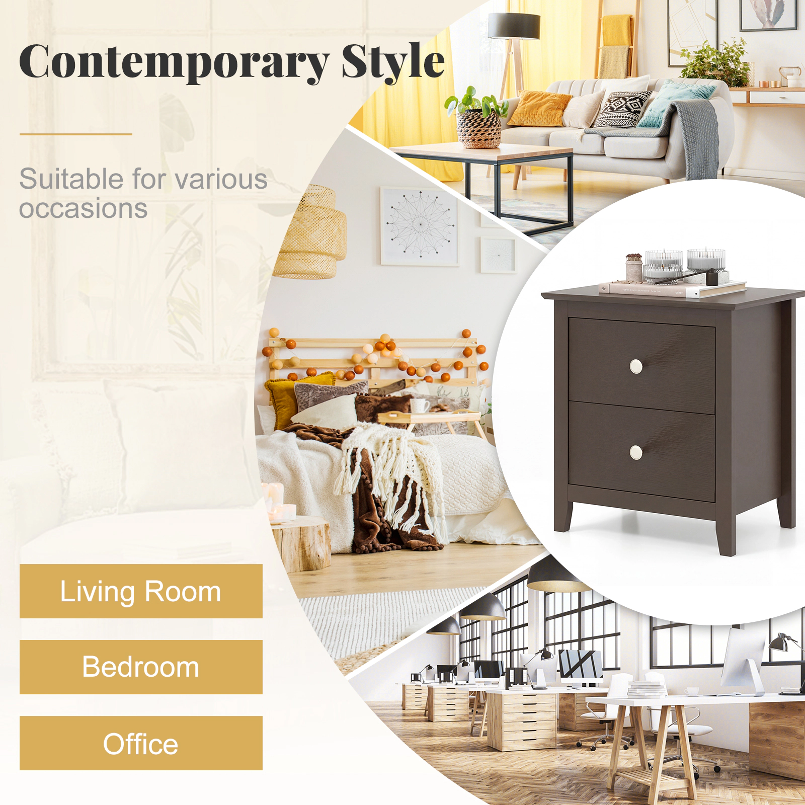 Hivvago Set of 2 Contemporary Nightstands with Two Drawers for Small Bedrooms