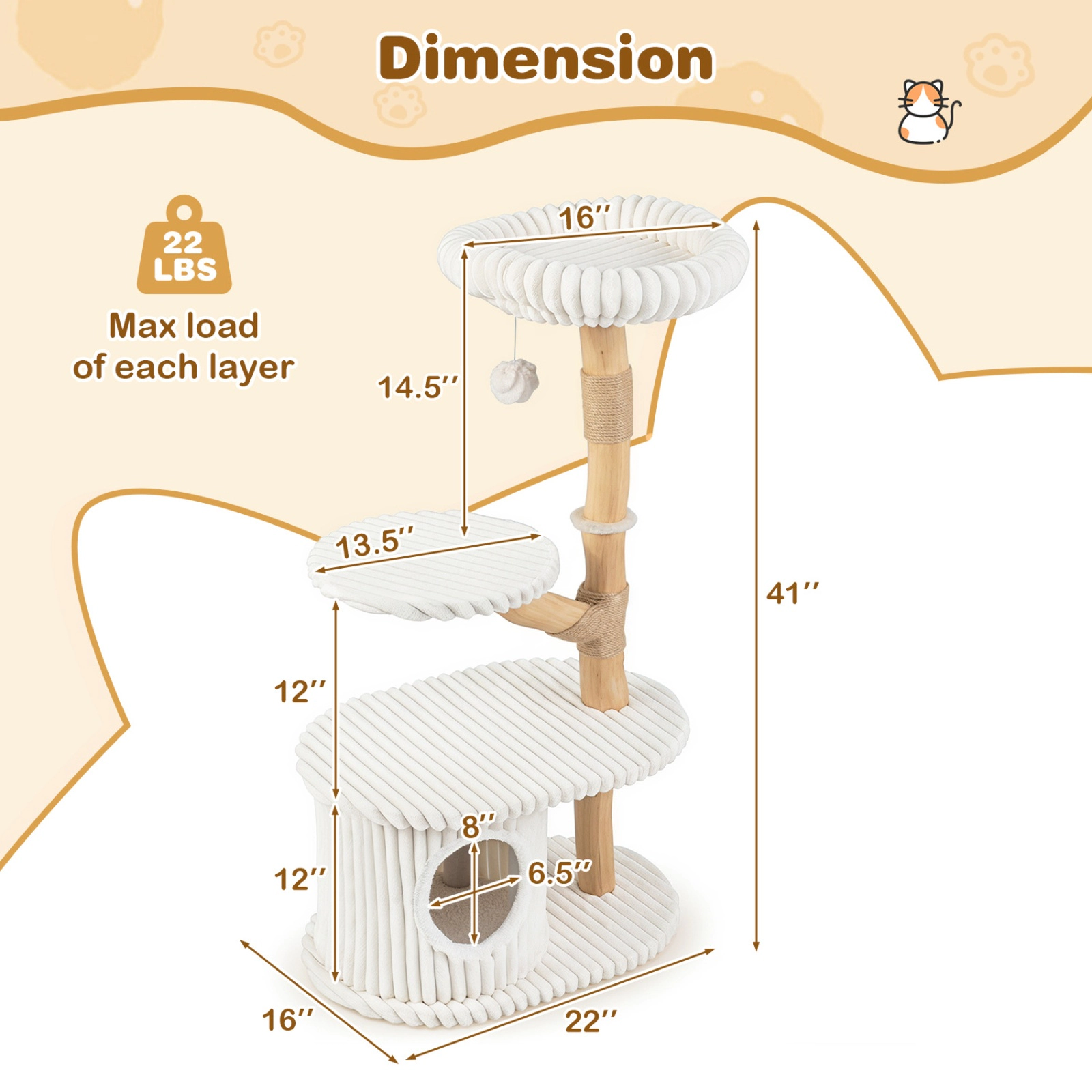 SUGIFT Multi-Level 41-in Tall Modern Cat Tree Tower Real Pear Wood Branches Scratching Posts 22-lb Capacity Indoor Beige