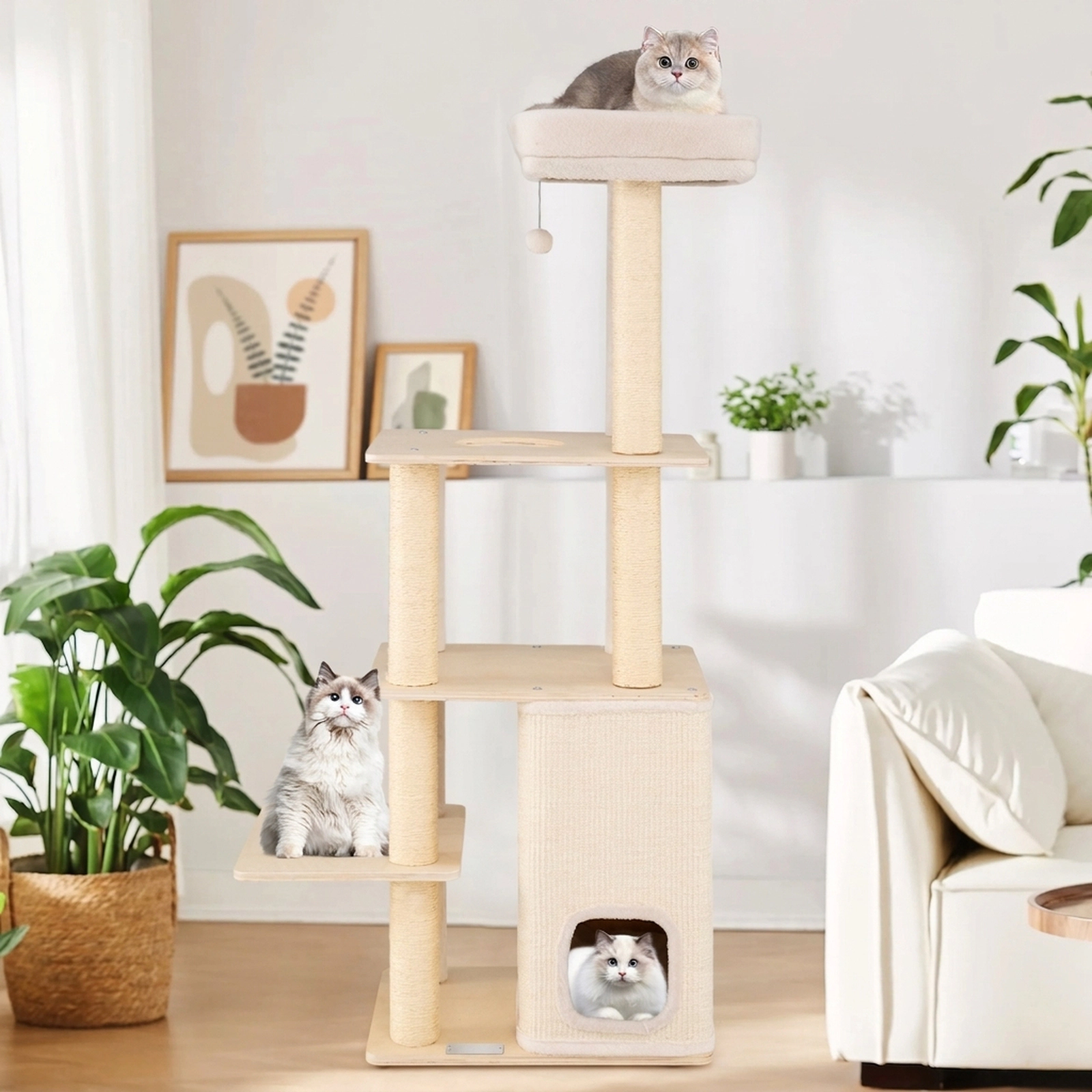 SUGIFT 63-in Natural Heavy Duty Wooden Cat Tree with 44-lb Layers 2-Story Condo and Plush Top Perch