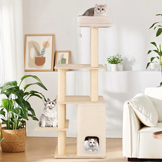 SUGIFT 63-in Natural Heavy Duty Wooden Cat Tree with 44-lb Layers 2-Story Condo and Plush Top Perch