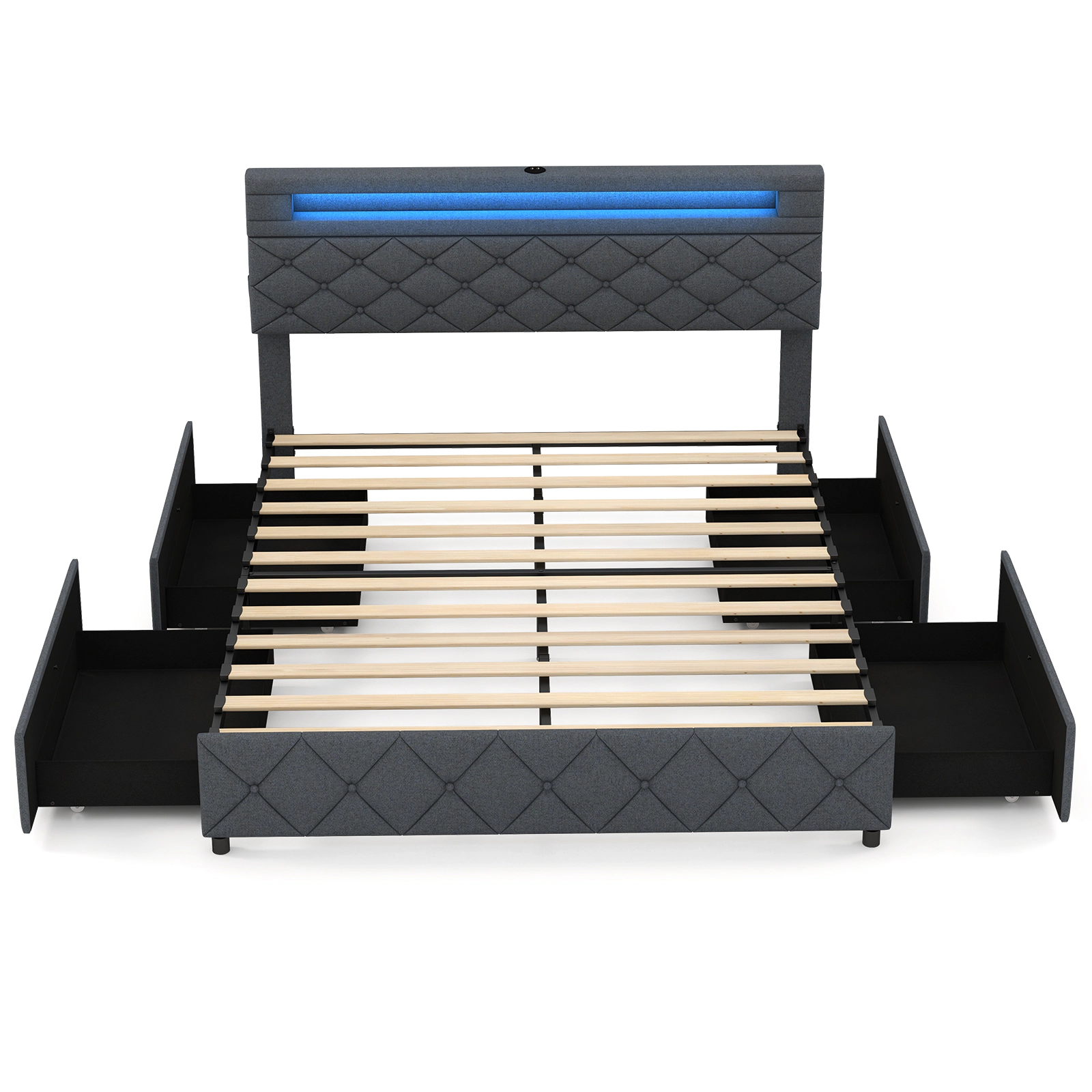 LJG Full/Queen Size Bed Frame with Adjustable Storage Headboard and Wooden Slat Support