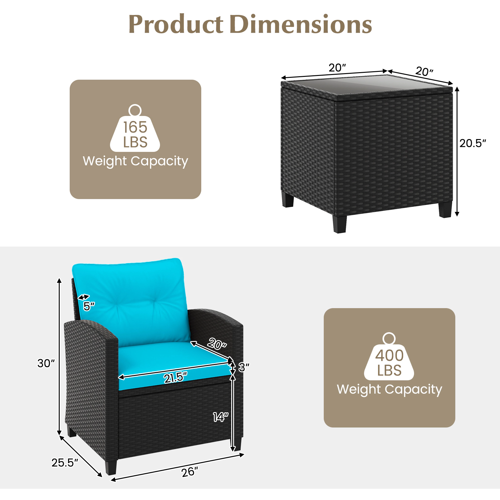 SUGIFT 3-Piece Black Rattan Patio Conversation Set with 2 Cushioned Chairs and Tempered Glass Table
