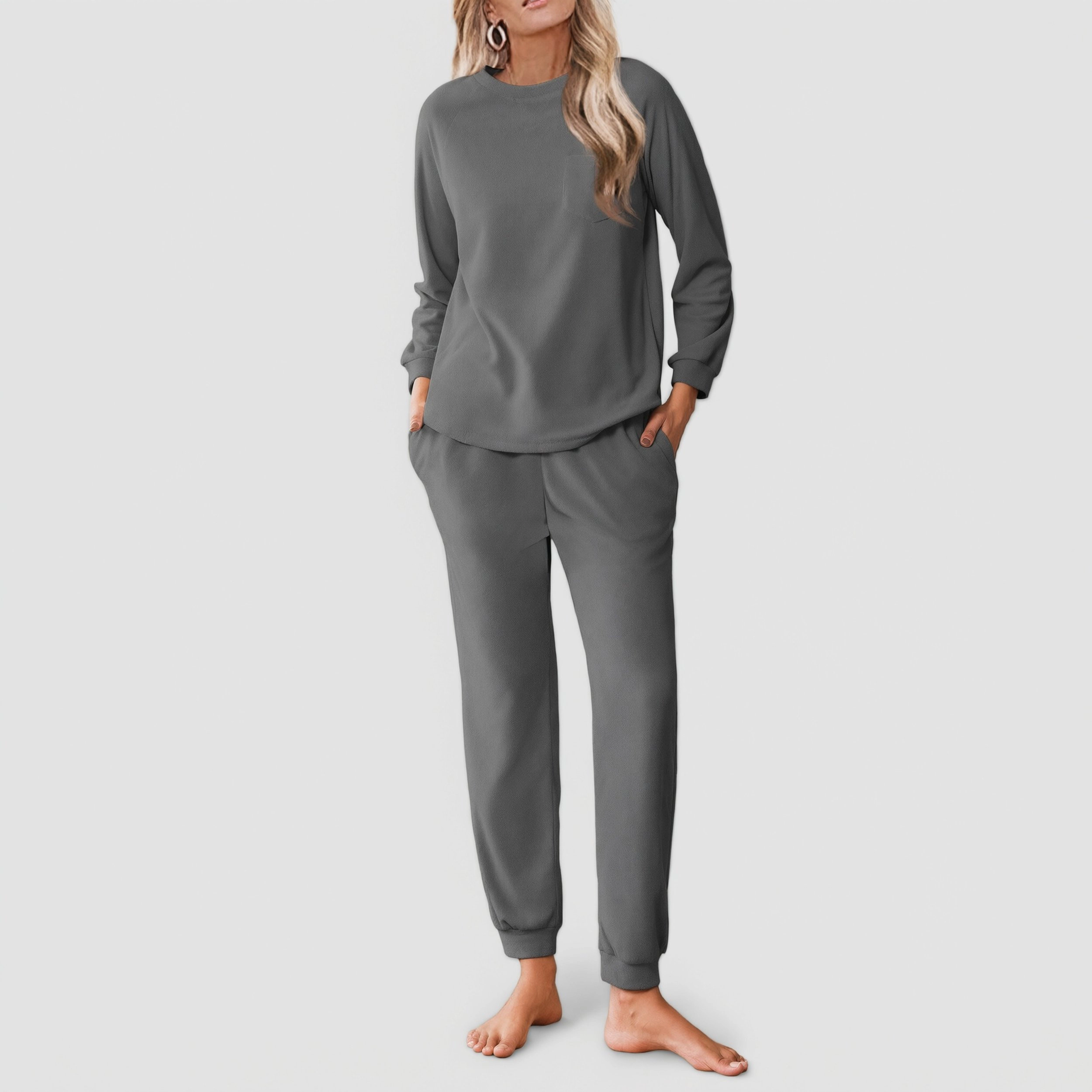 Ekouaer Womens Fuzzy Fleece Pajama Sets Long Sleeve Jogger Sleepwear Loungewear with Pockets