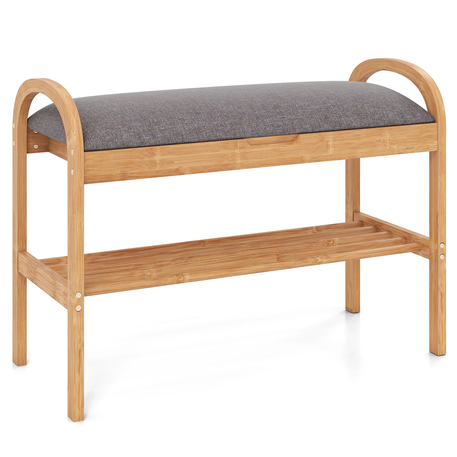 SUGIFT 2-Tier Bamboo Shoe Bench with Hidden Storage Compartment and Padded Cushion 330-lb Capacity Natural & Gray