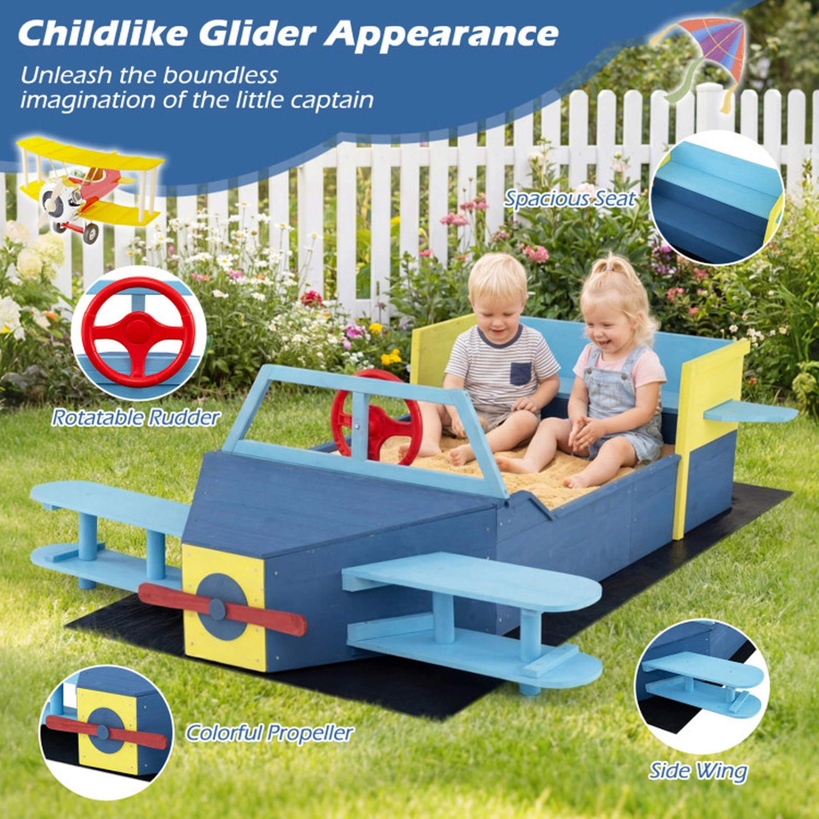SUGIFT Large Wooden Kids Sandbox with Bottom Liner and Bench Seat 110-lb Bench Capacity Ages 18+ Months Blue