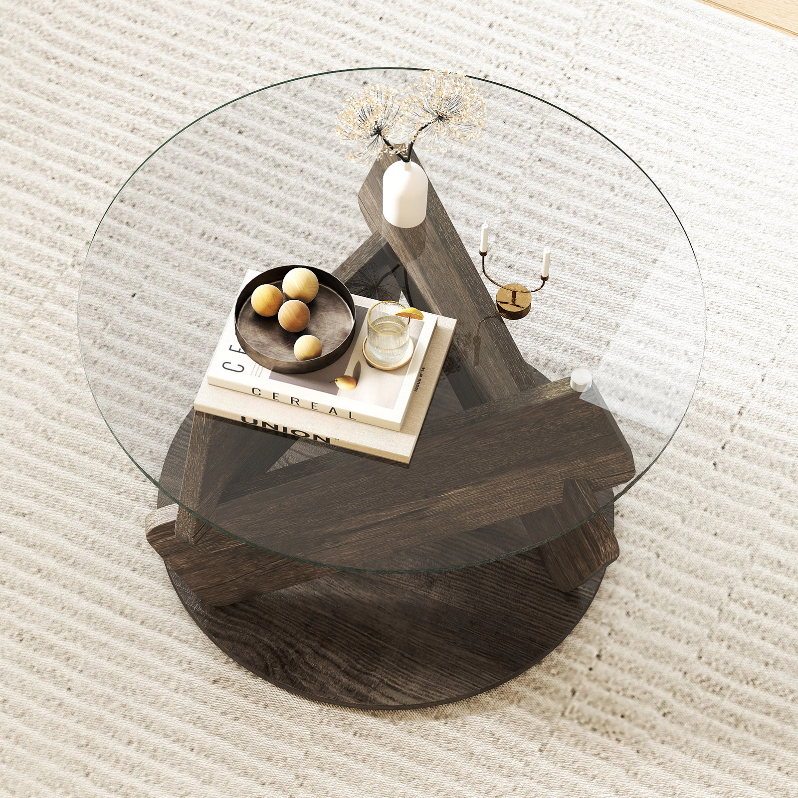 SUGIFT 32-in Round 200-lb Capacity Modern Grey Coffee Table with Scratch-Resistant Tempered Glass Top