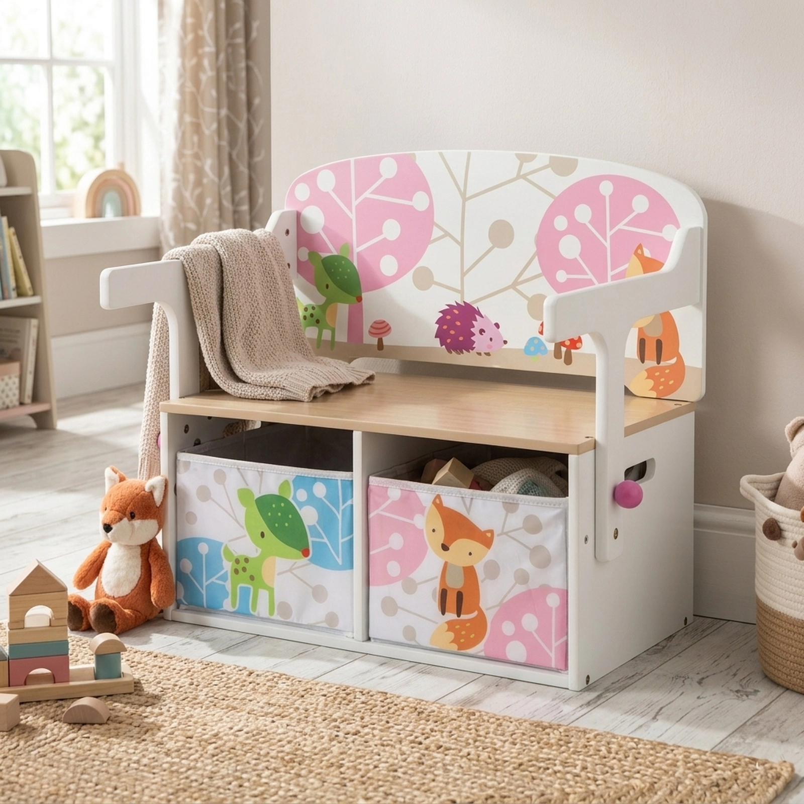 SUGIFT 3-in-1 Kids Convertible Storage Bench, White, Table and Chair Set, 2 Fabric Bins