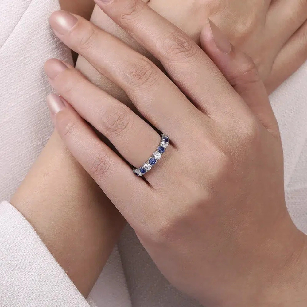 3mm Thin Band Eternity Rings White and Blue Created Sapphire Ring