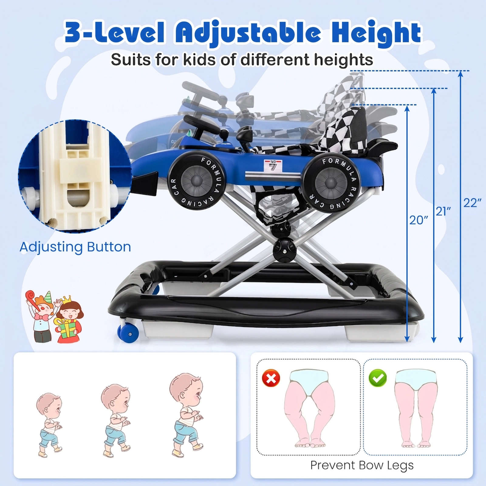 4-in-1 Baby Push Walker and Activity Center with Noise-Free Wheels Easy-Grip Handle Music Box and 3 Heights in Blue