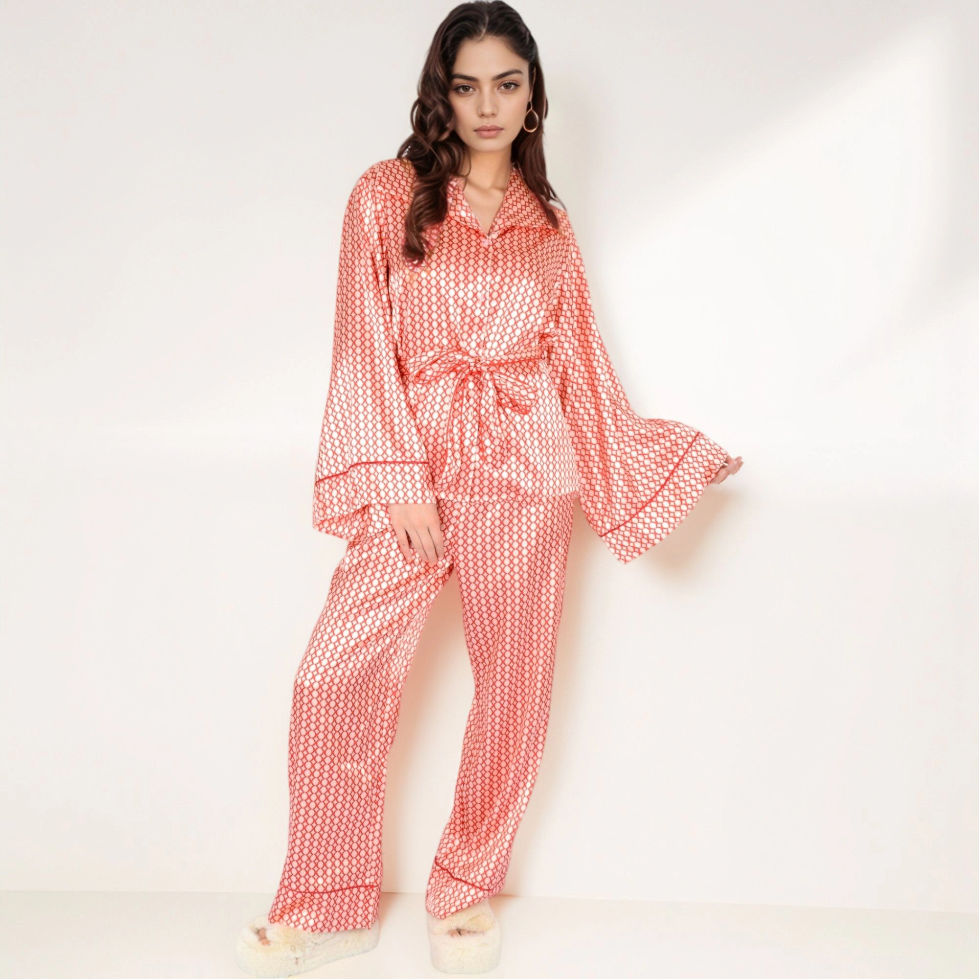 Anna-Kaci Women's Printed Satin Pajama Set Long Sleeve Wrap Top Self-Tie Waist and Full-Length Relaxed Fit Lounge Pants
